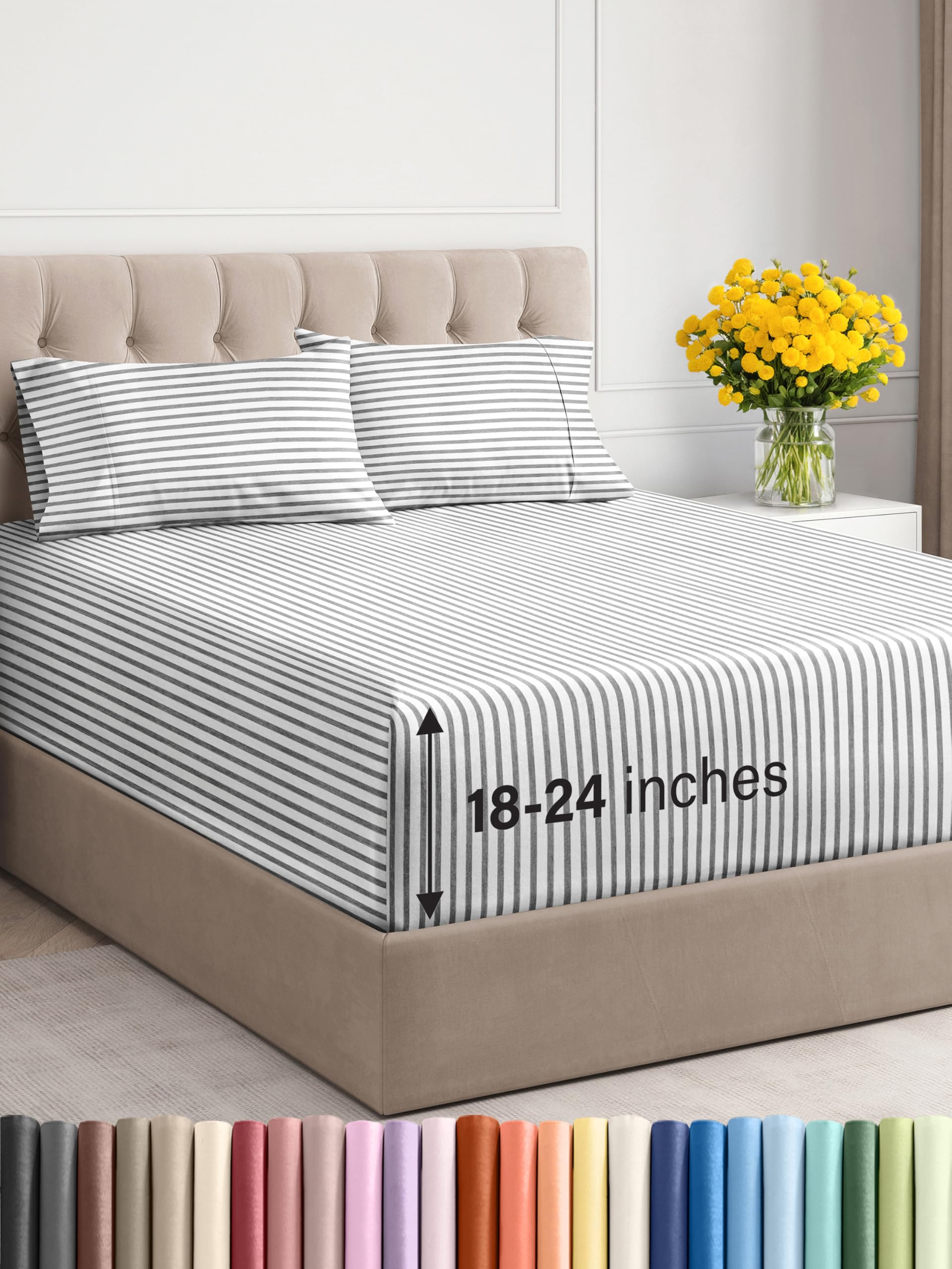 Extra Deep Pocket Cal King Sheets - 4 Piece Breathable & Cooling Bed Sheets - Hotel Luxury Bed Sheet Set - Soft, Wrinkle Free & Comfy - Easily Fits Extra Deep Mattresses - Grey Striped Sheets Set