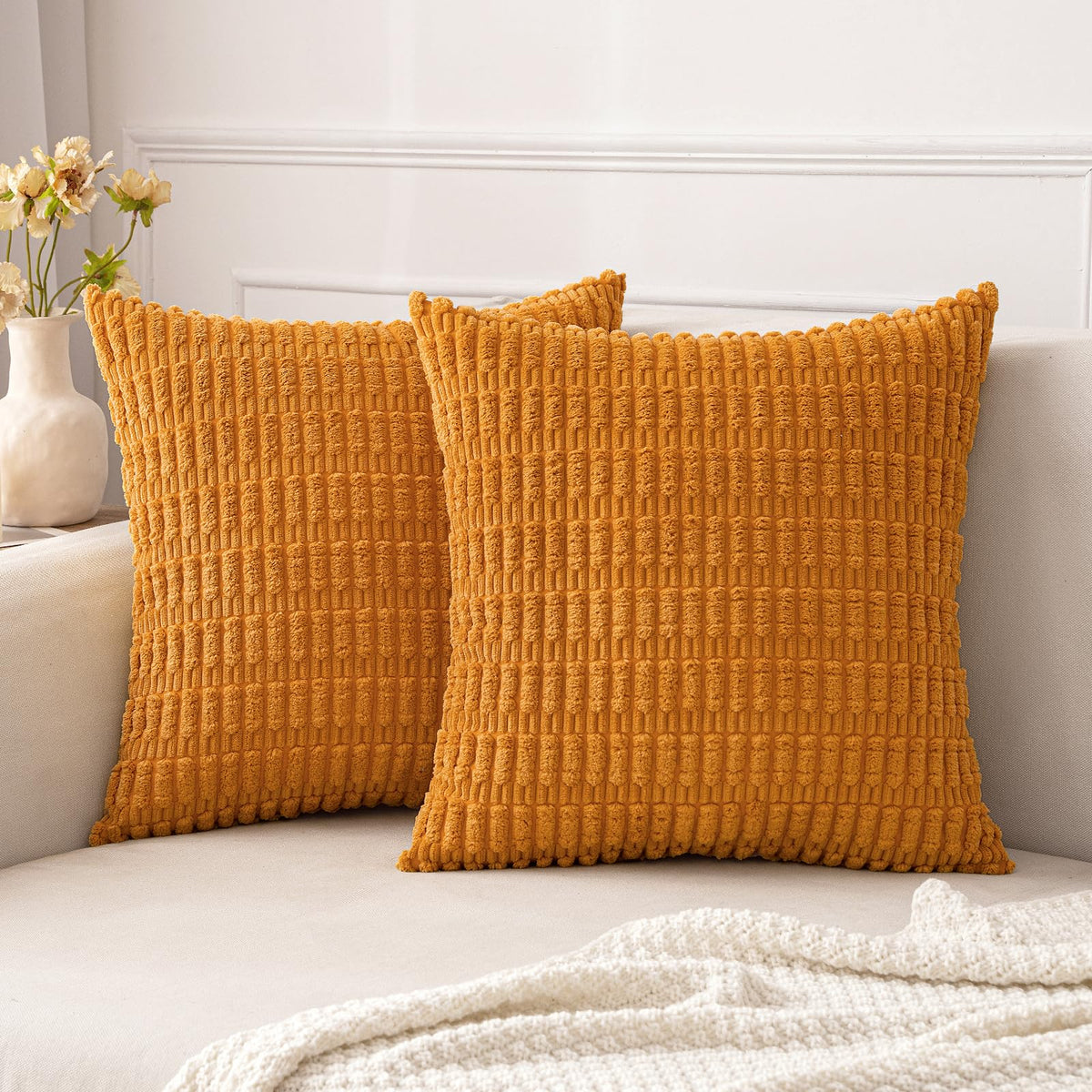 Miulee Pack Of 2 Corduroy Decorative Throw Pillow Covers 18X18 Inch Soft Boho Striped Pillow Covers Modern Farmhouse Fall Home D
