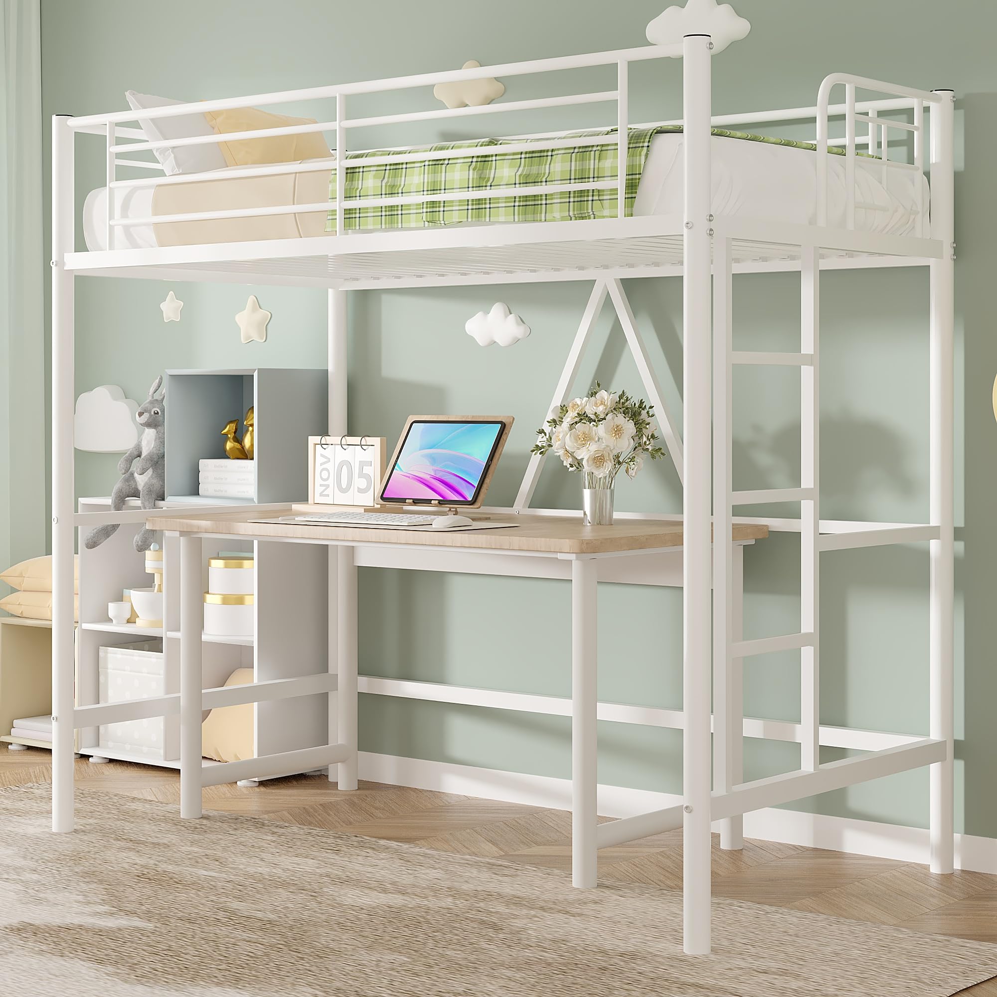 VECELO Metal Loft Bed Twin Size, Heavy Duty Bedframe with Removable Ladder and Safety Guardrail, Space-Saving, Noise Free, No Bo