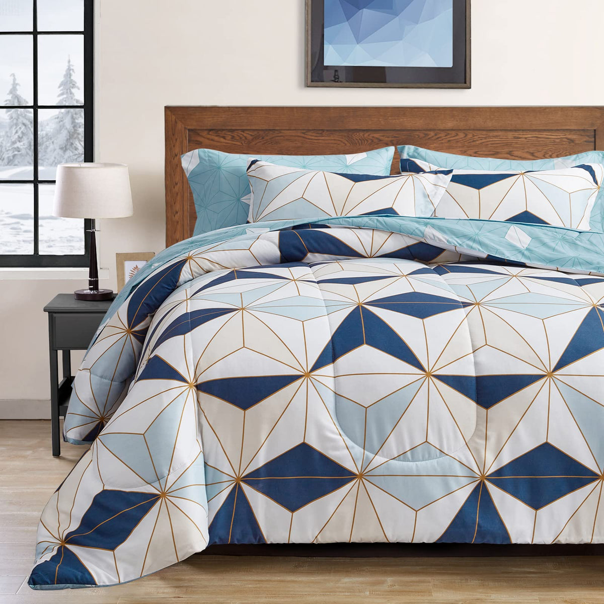 Flysheep Bed In A Bag 7 Pieces King Size, Modern Blue Triangles Geometric Style, Soft Microfiber Comforter Sheet Set (1 Comforte