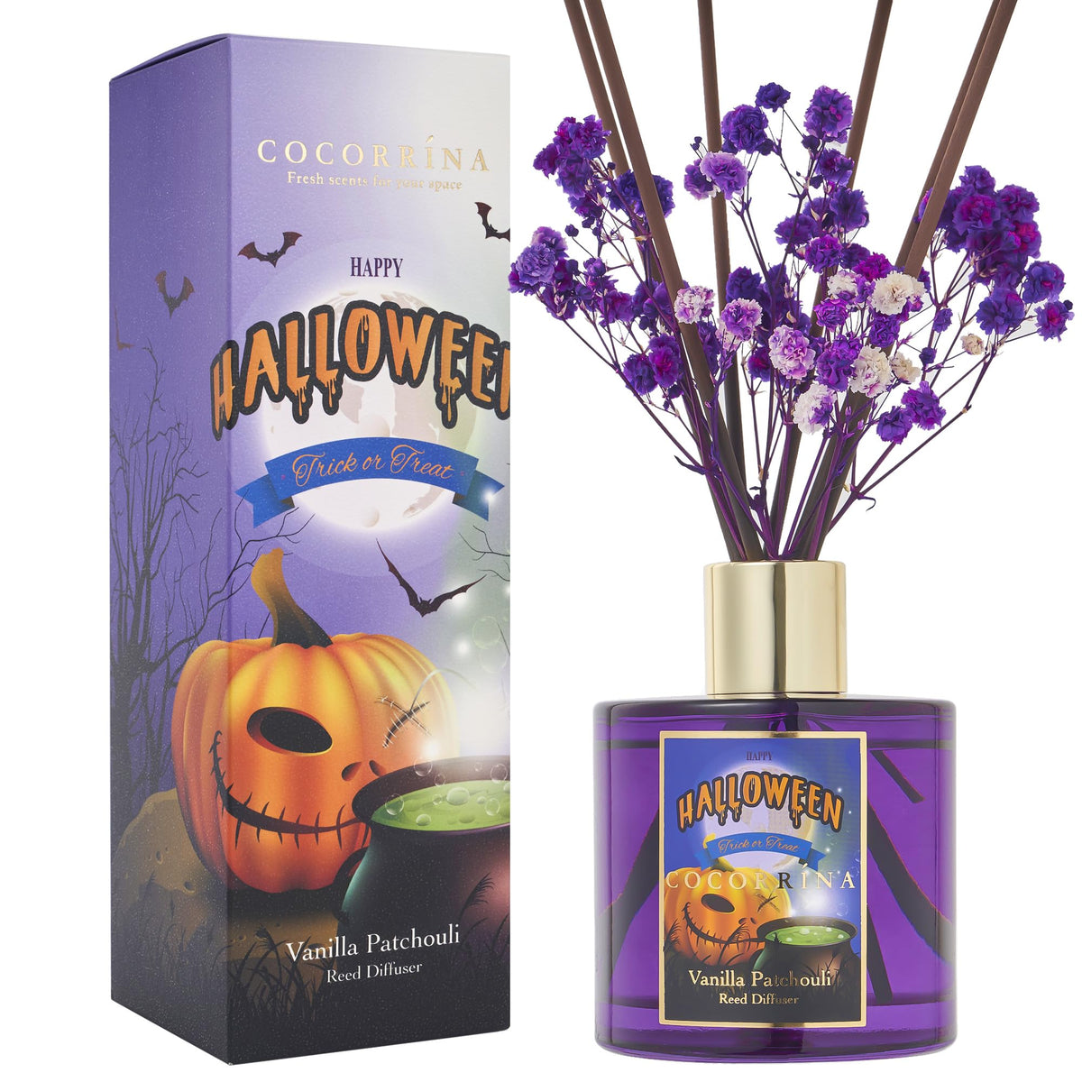 COCORR  NA Reed Diffuser - Vanilla Patchouli 6.76oz Scented Diffuser with 8 Sticks Home Fragrance Bathroom Shelf Decor (Hallowee