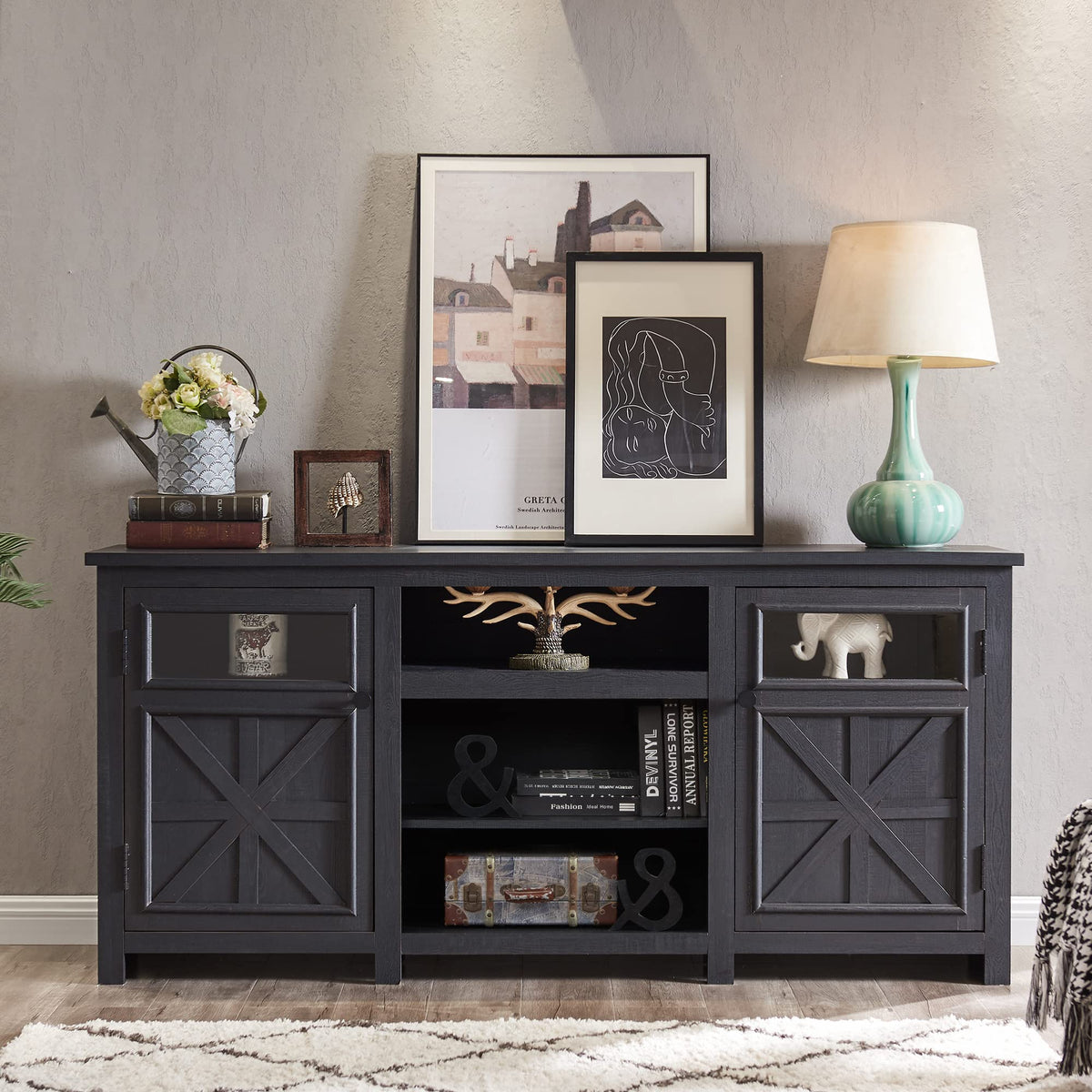 Jxqtlingmu Farmhouse Tv Stand For 75 Inch Tv, Entertainment Center With Storage, Modern Tv Cabinet With Barn Doors, 66' Rustic Tv Console For Living Room, Adjustable Shelf - Black