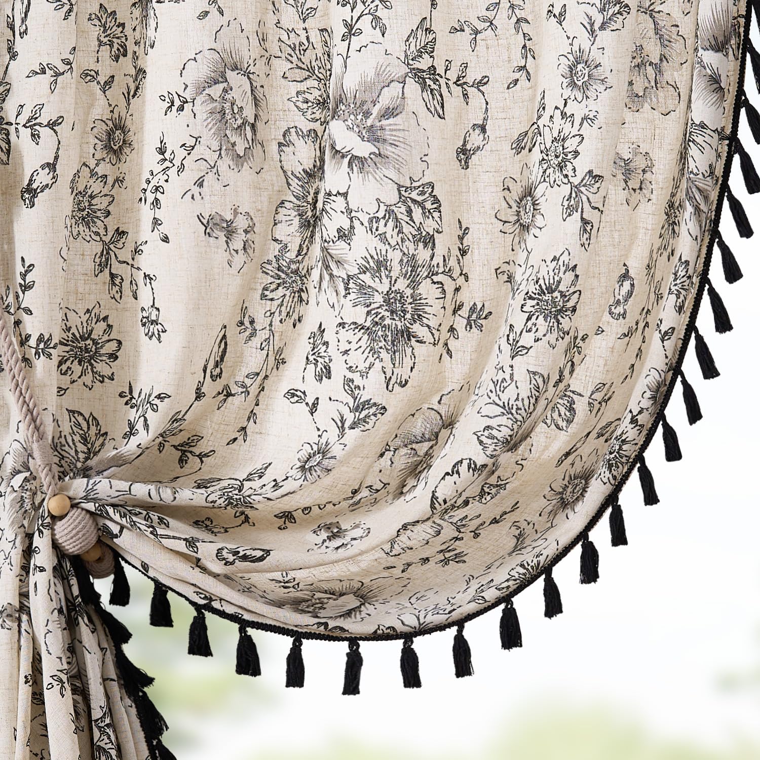 Jinchan Linen Curtains Floral Curtains For Living Room 63 Inch Length Printed Curtains With Tassels Rod Pocket Farmhouse Rustic