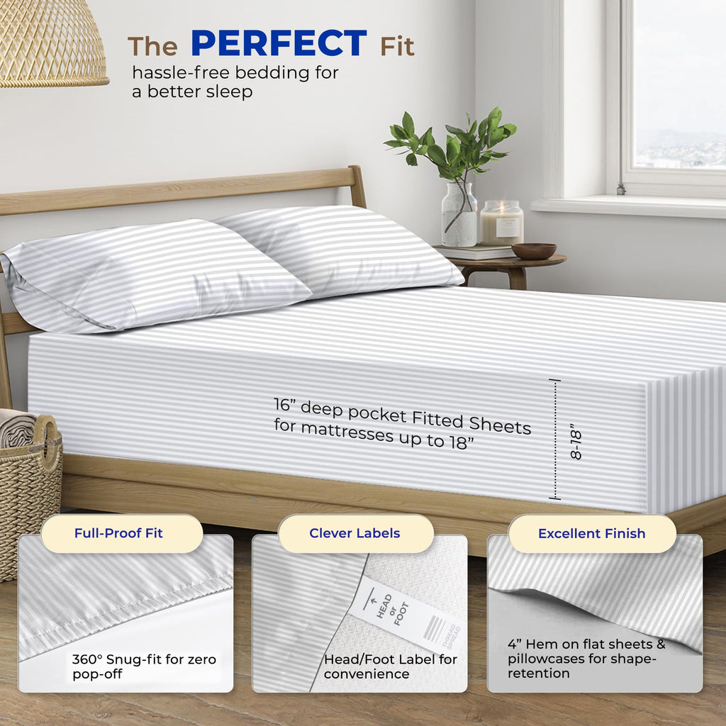 600 Thread Count Egyptian Quality 100% Cotton Stripe Sheets Set, Queen Size Bedding Set In White