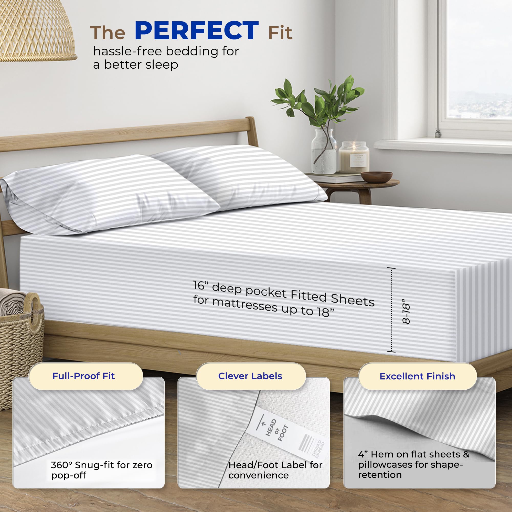 600 Thread Count Egyptian Quality 100% Cotton Stripe Sheets Set, Queen Size Bedding Set In White