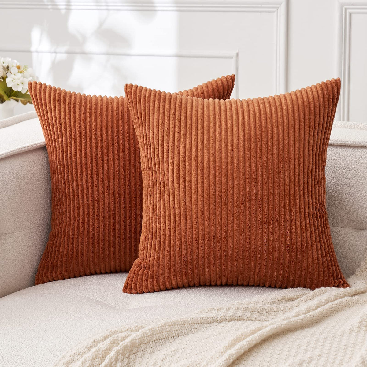 Miulee Pack Of 2 Rust Pillow Covers 16X16 Inch Soft Striped Corduroy Fall Throw Pillow Covers Set Decorative Square Cushion Case