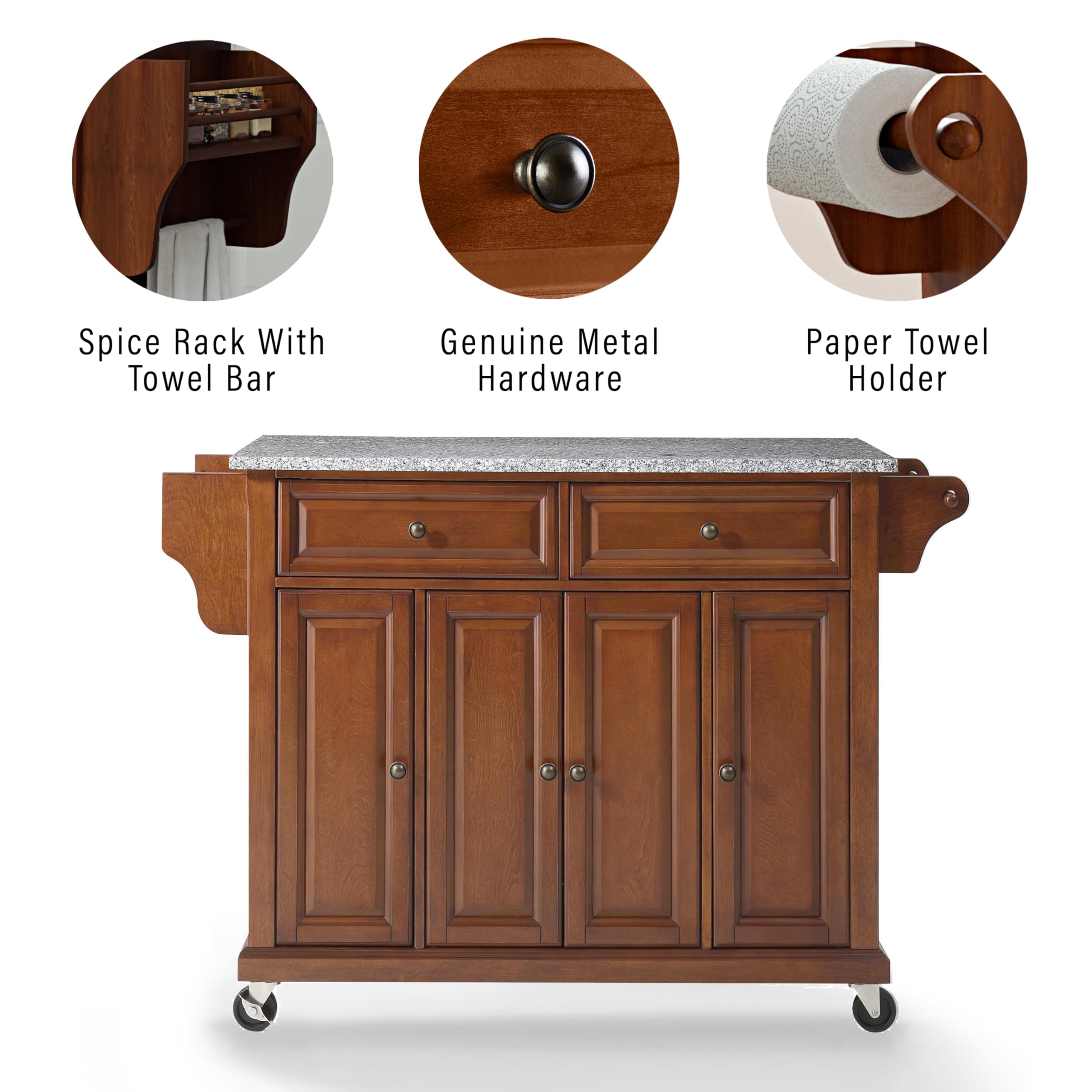 Crosley Furniture Full Size Granite Top Rolling Kitchen Island Storage Cart, Microwave Stand, Spice Rack, Cherry