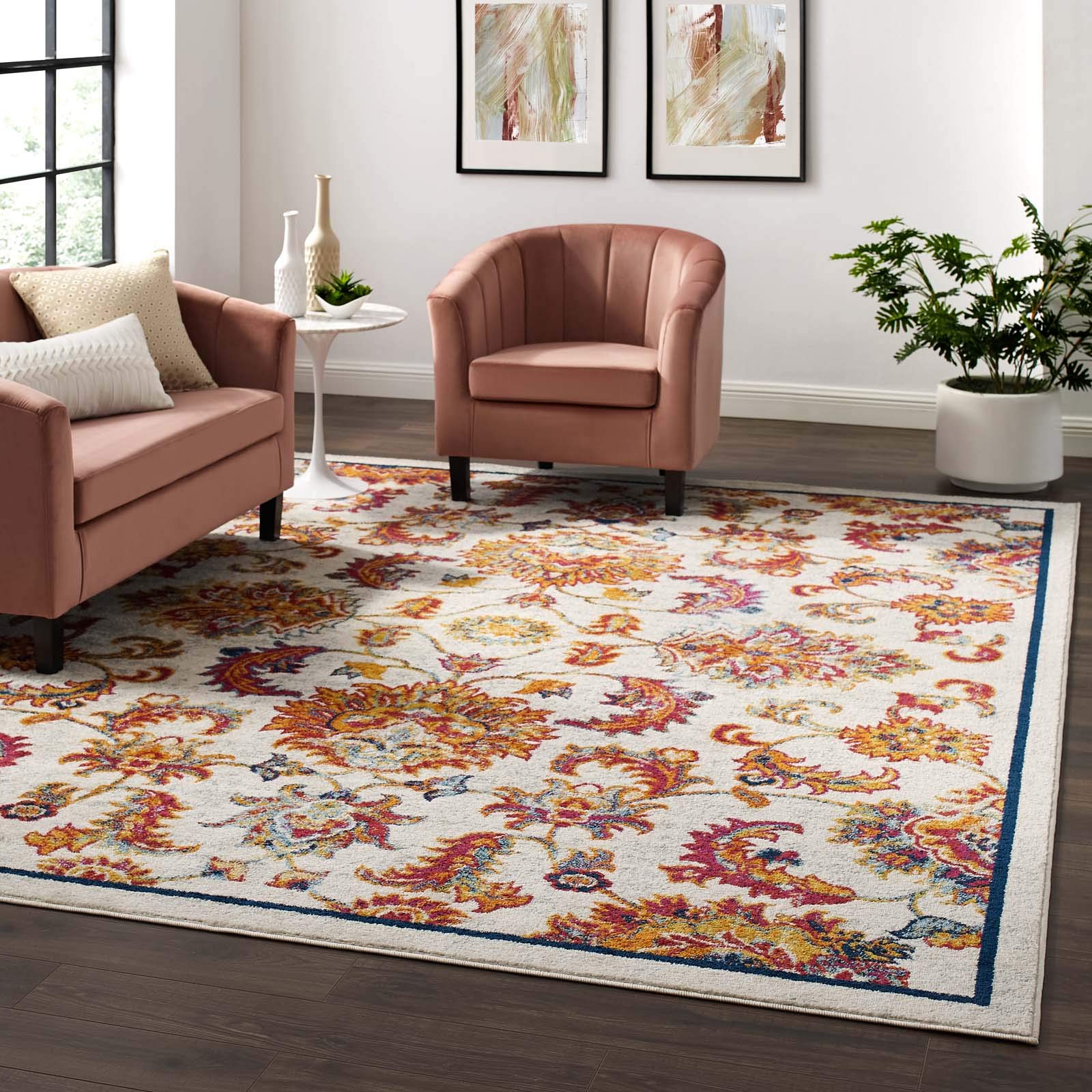 Modway Entourage Azami Distressed Vintage Floral Lattice 8X10 Area Rug, Ivory, Blue, Red, Orange, Yellow