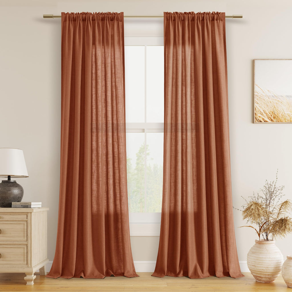 Guken Terracotta Linen Curtains 84 Inch Length For Living Room Bedroom 2 Panels Set Rod Pocket Light Filtering Semi Sheer Window