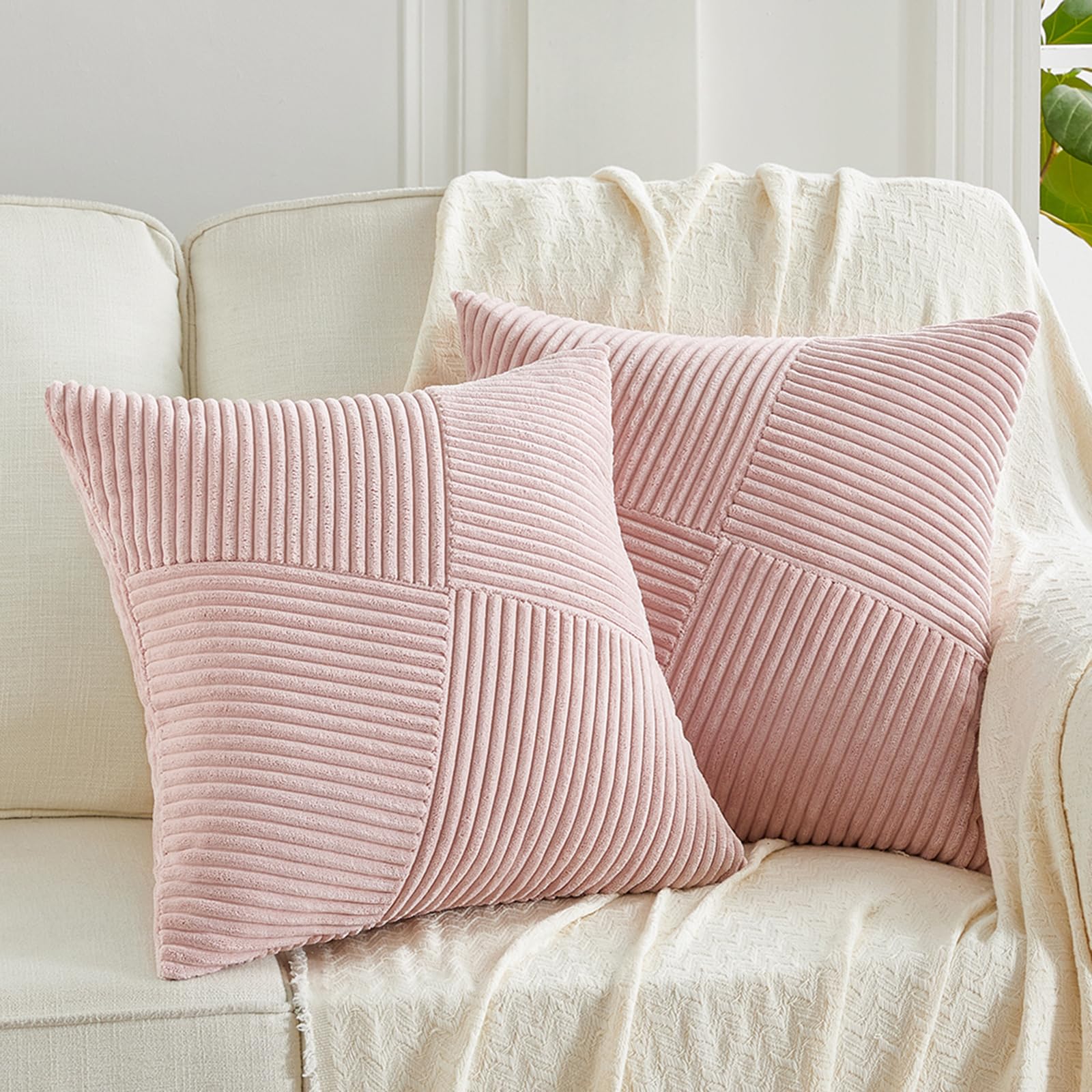Fancy Homi Set Of 2 Blush Pink Boho Decorative Throw Pillow Covers 20X20 Inch With Diagonally Pattern For Living Room Couch Bed