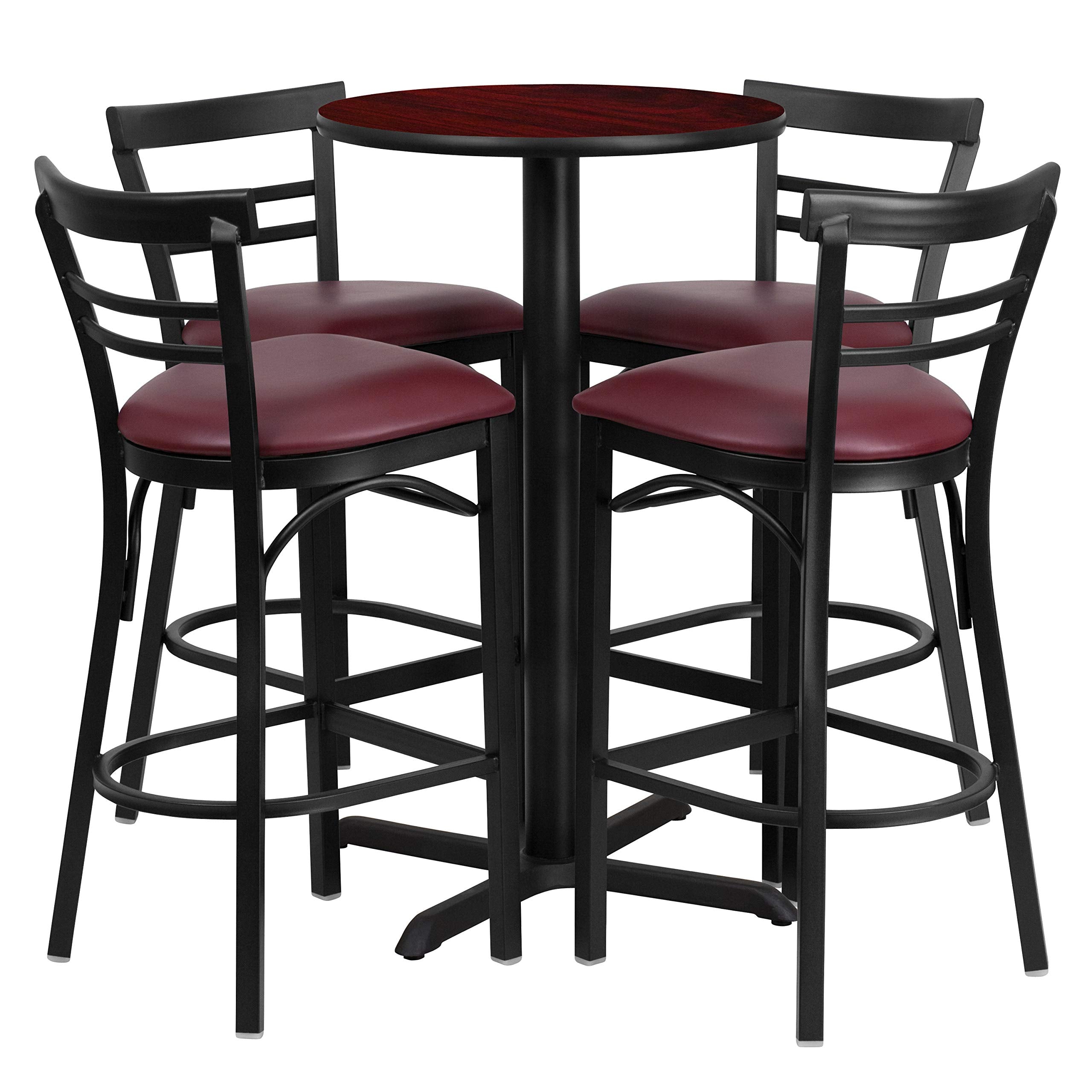 Flash Furniture Carlton 24'' Round Mahogany Laminate Table Set With X-Base And 4 Two-Slat Ladder Back Metal Barstools - Burgundy Vinyl Seat