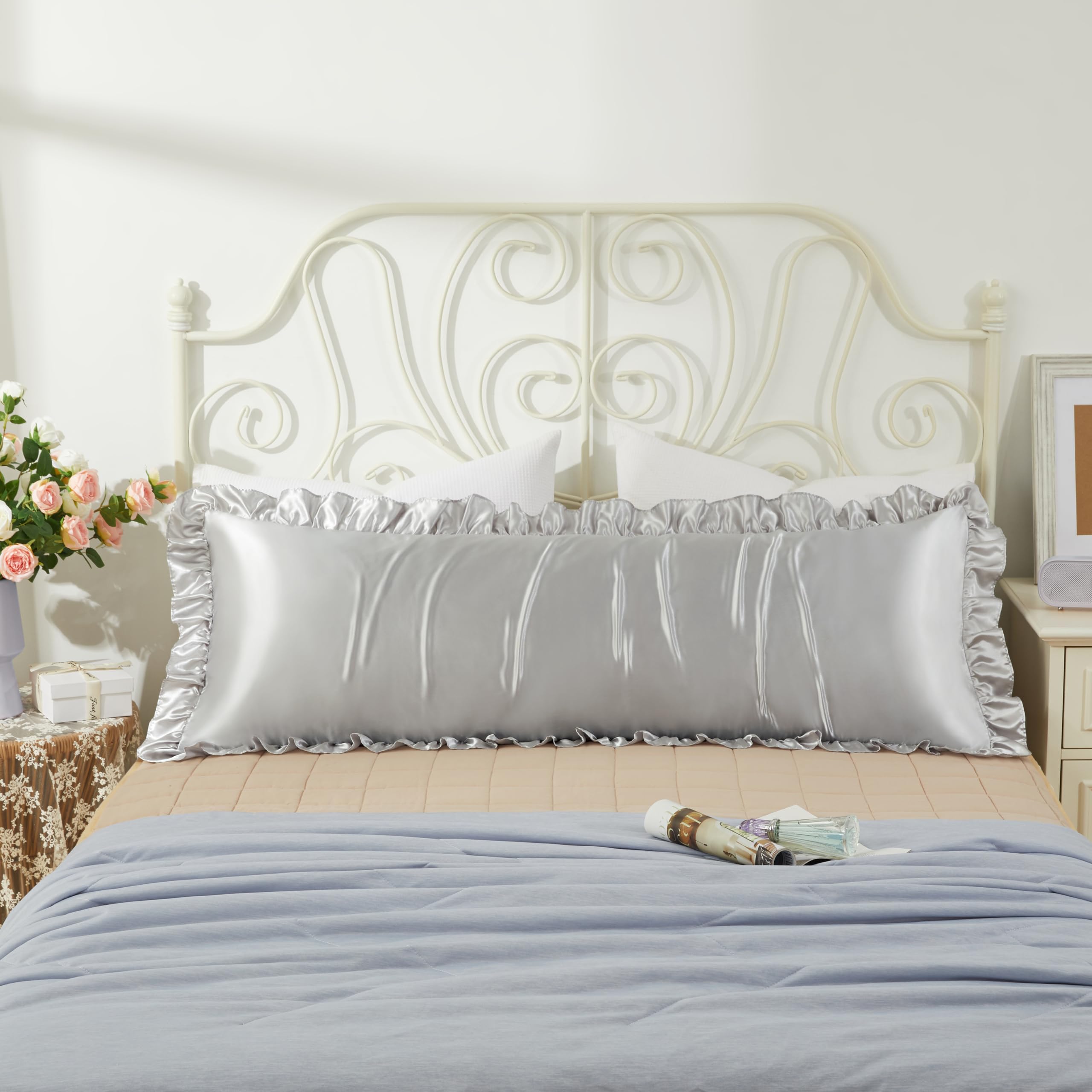 Hommxjf Silky Satin Ruffled Light Gray Pillow Cases For Hair And Skin,Light Gray Satin Pillowcases With Envelope Closure Princes