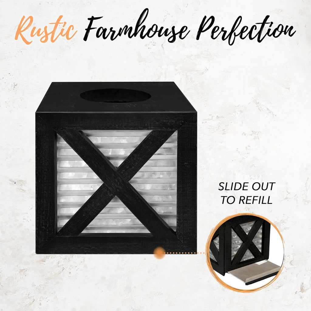 Autumn Alley Barn Door Square Farmhouse Tissue Box Cover In Black And Galvanized - Farmhouse Bathroom Accessories - Rustic Bathr