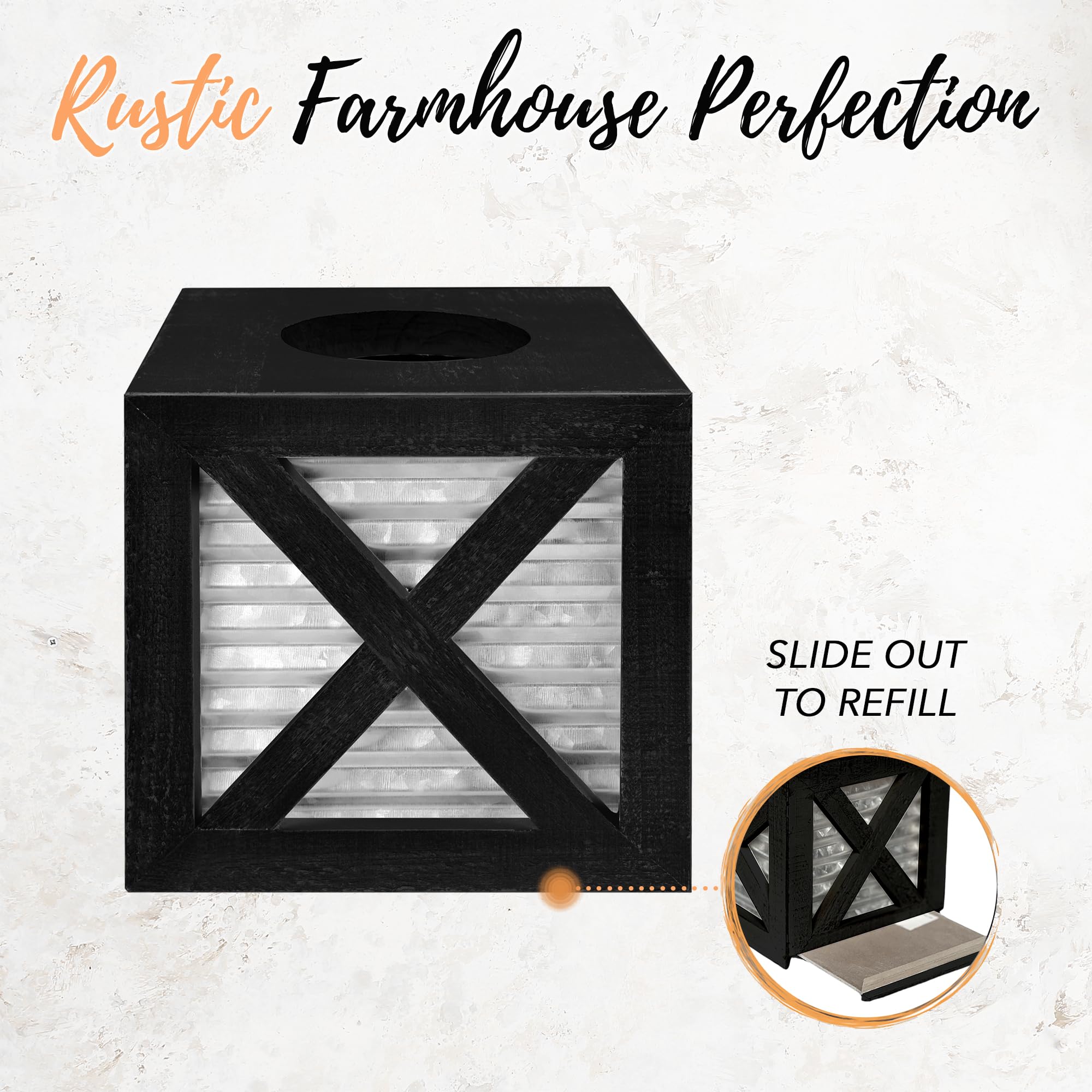 Autumn Alley Barn Door Square Farmhouse Tissue Box Cover In Black And Galvanized - Farmhouse Bathroom Accessories - Rustic Bathr
