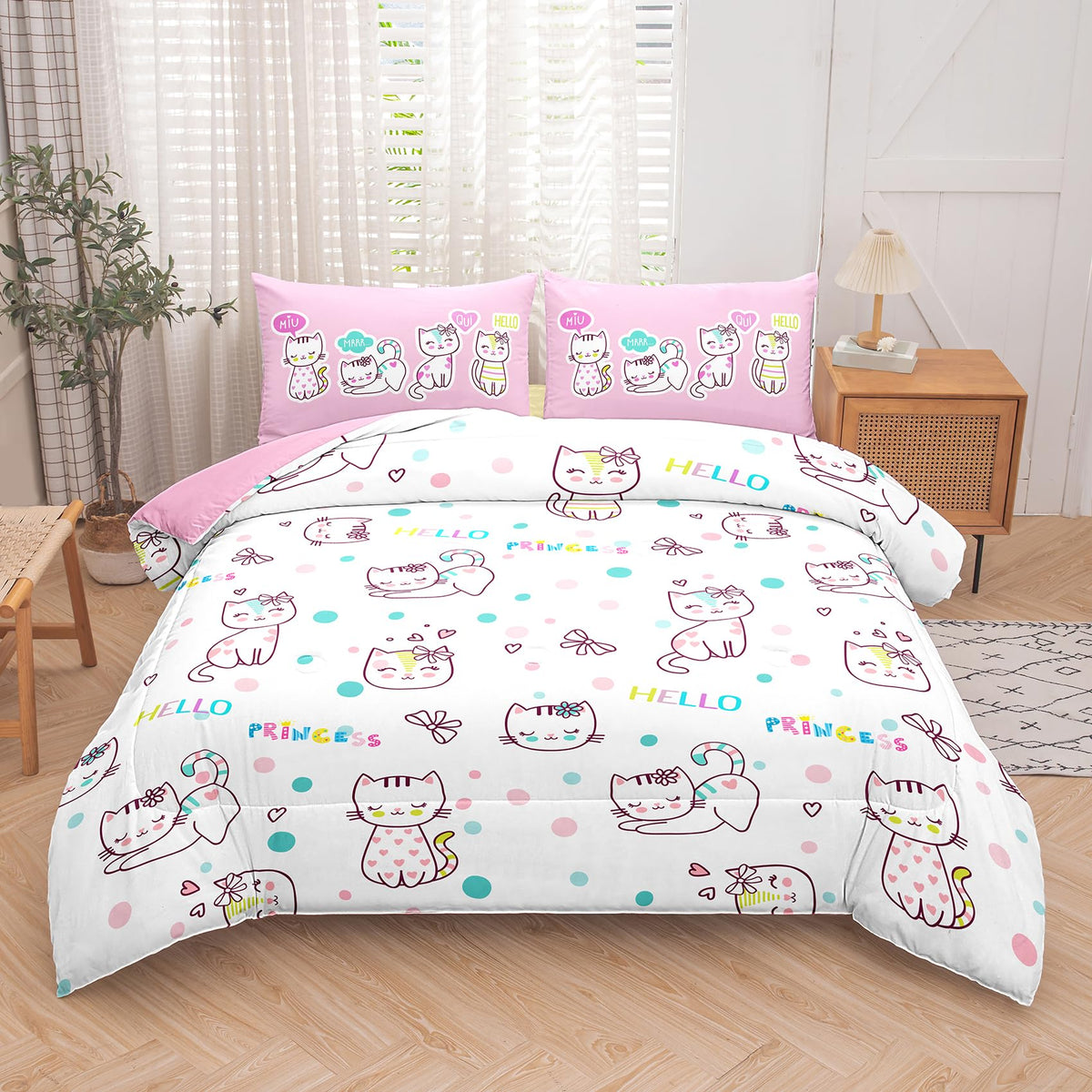 Ninenine Cat Bedding Set Pink Cat Comforter Set For Girls,Twin Bedding Sets For Girls,Kawaii Cute Cartoon Pet Cat Bedding Set Wi