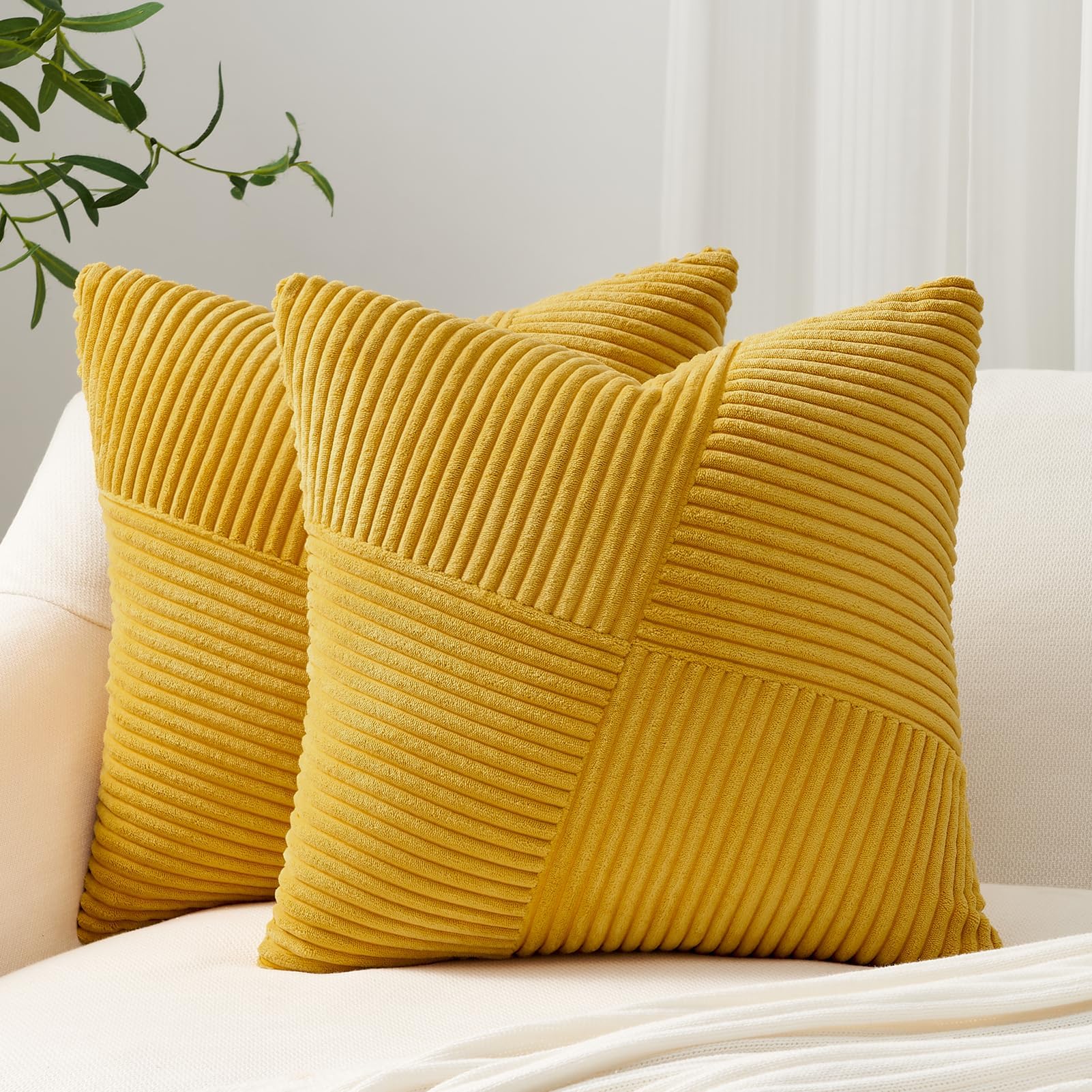 Topfinel Set of 2 Decorative Yellow Throw Pillow Covers 12x12 Inch, Soft Corduroy Pillow Covers Windmill Textured Striped Patchw