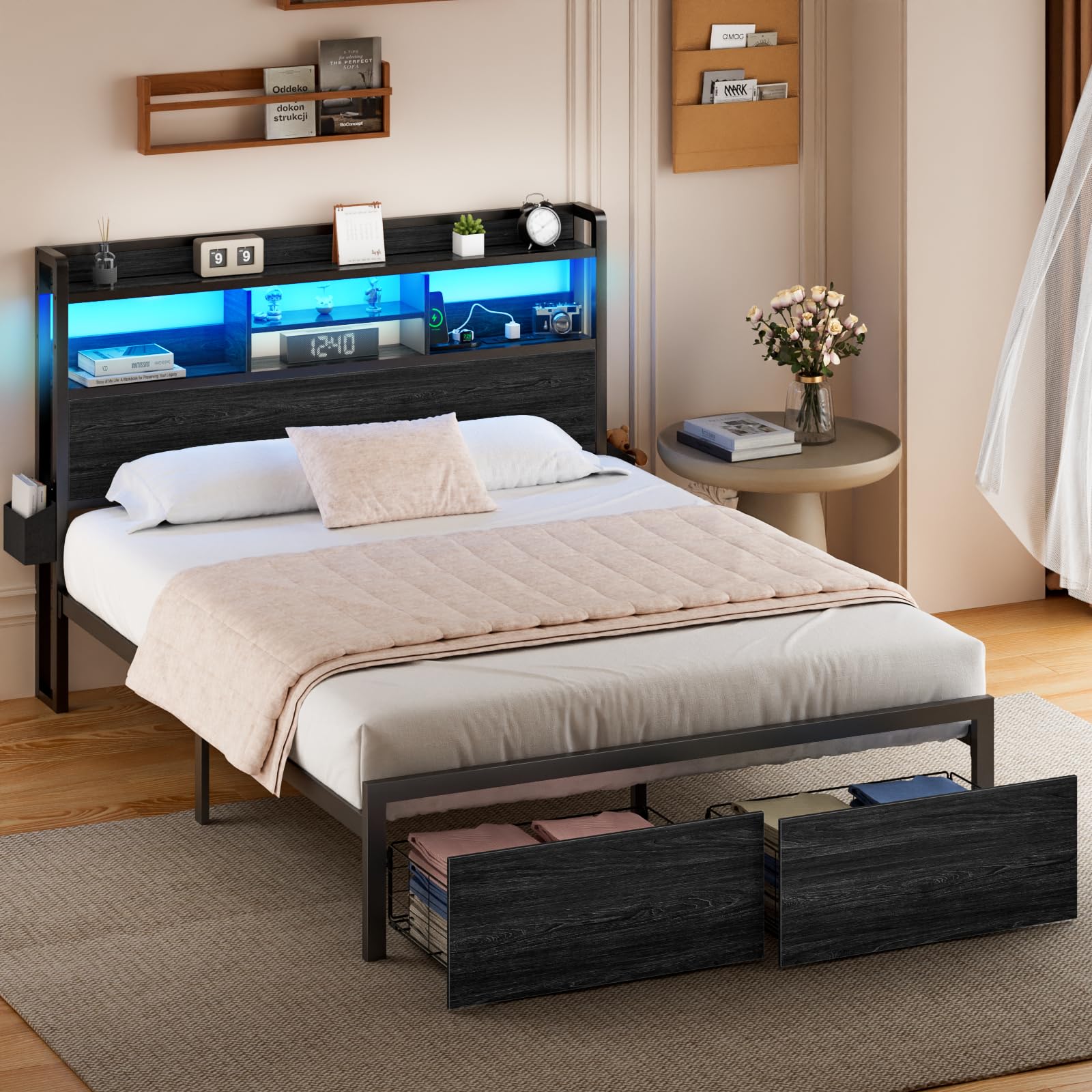 Furnulem Queen Bed Frame with Wood Headboard and Storage Shelf, Metal Platform Bed Frame Queen Size with Storage Drawers, LED Li