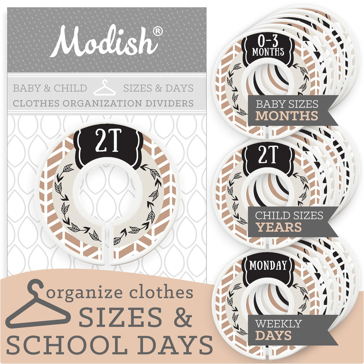 Kids Clothes Closet Organization, Hanging Size Dividers: Months & Years, Modish Labels Days of the Week Organizer: Daycare & Sch