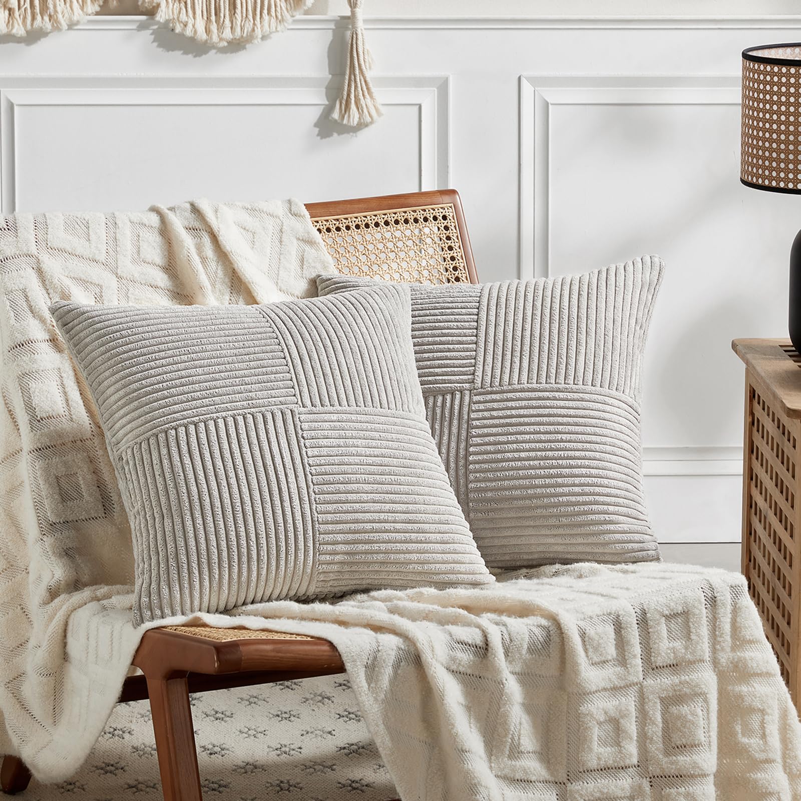 Fancy Homi 2 Packs Neutral Grey Decorative Throw Pillow Covers 16X16 Inch For Living Room Couch Bed, Rustic Farmhouse Boho Home