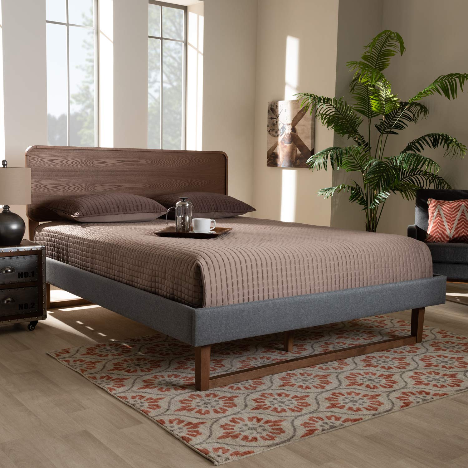 Baxton Studio Ayla Mid-Century Modern Dark Grey Fabric Upholstered Walnut Brown Finished Wood King Size Platform Bed
