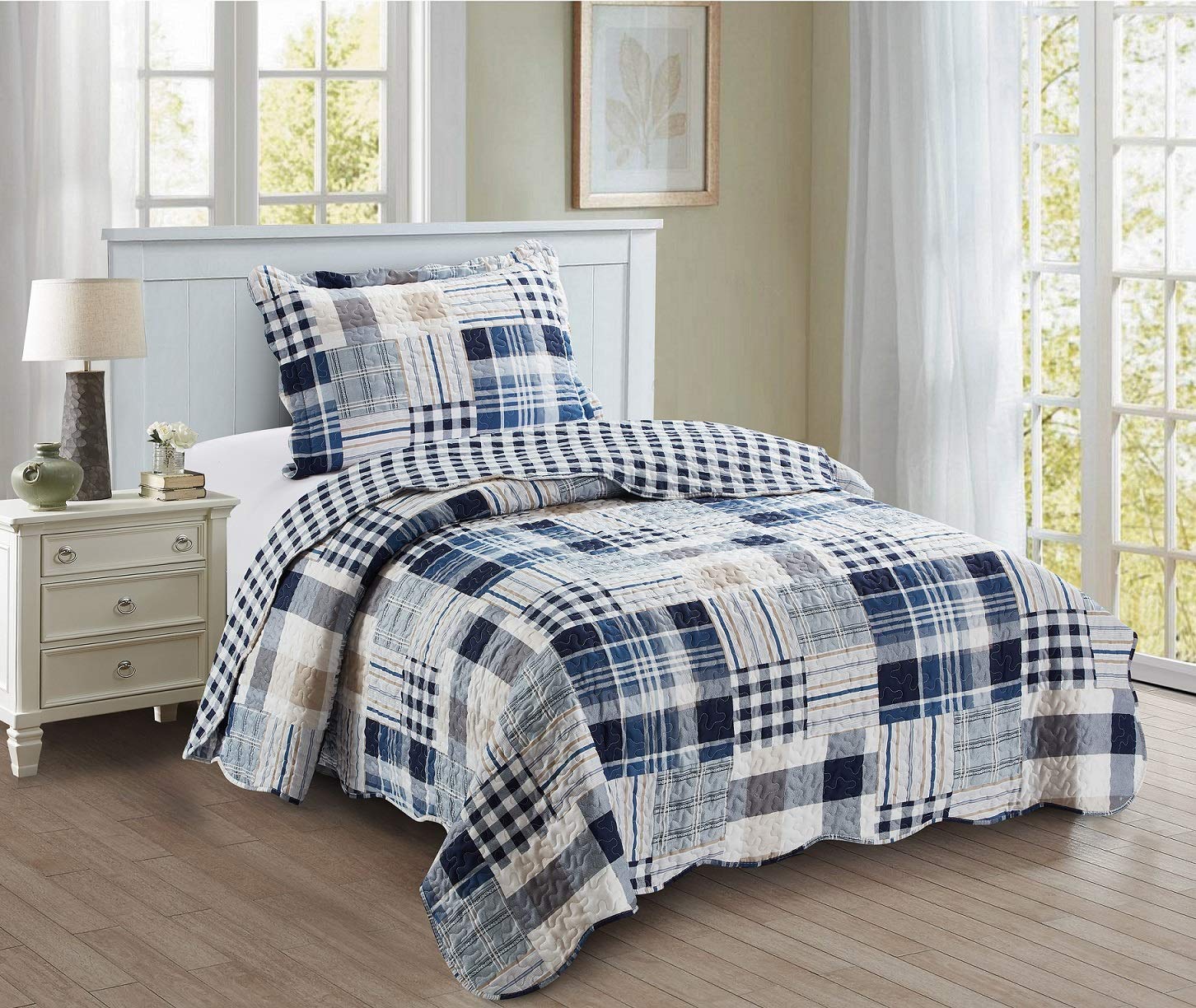 Brilliant Sunshine Plaids And Stripes Quilt Set, 2-Piece Bedding Sets With 1 Sham, Patchwork Design, Washable And Reversible Bedspread, Soft Lightweight Coverlet, All-Season, Twin/Twin Xl, Blue