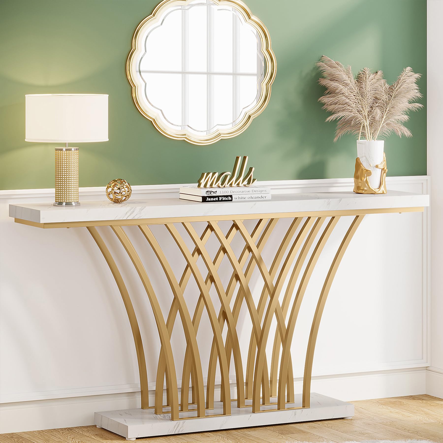 Tribesigns 59 Inch Gold Console Table, Modern Entryway Table With Grid-Shaped Metal Base For Entrance, Hallway, Entryway, Living Room(White Faux Marble & Gold)