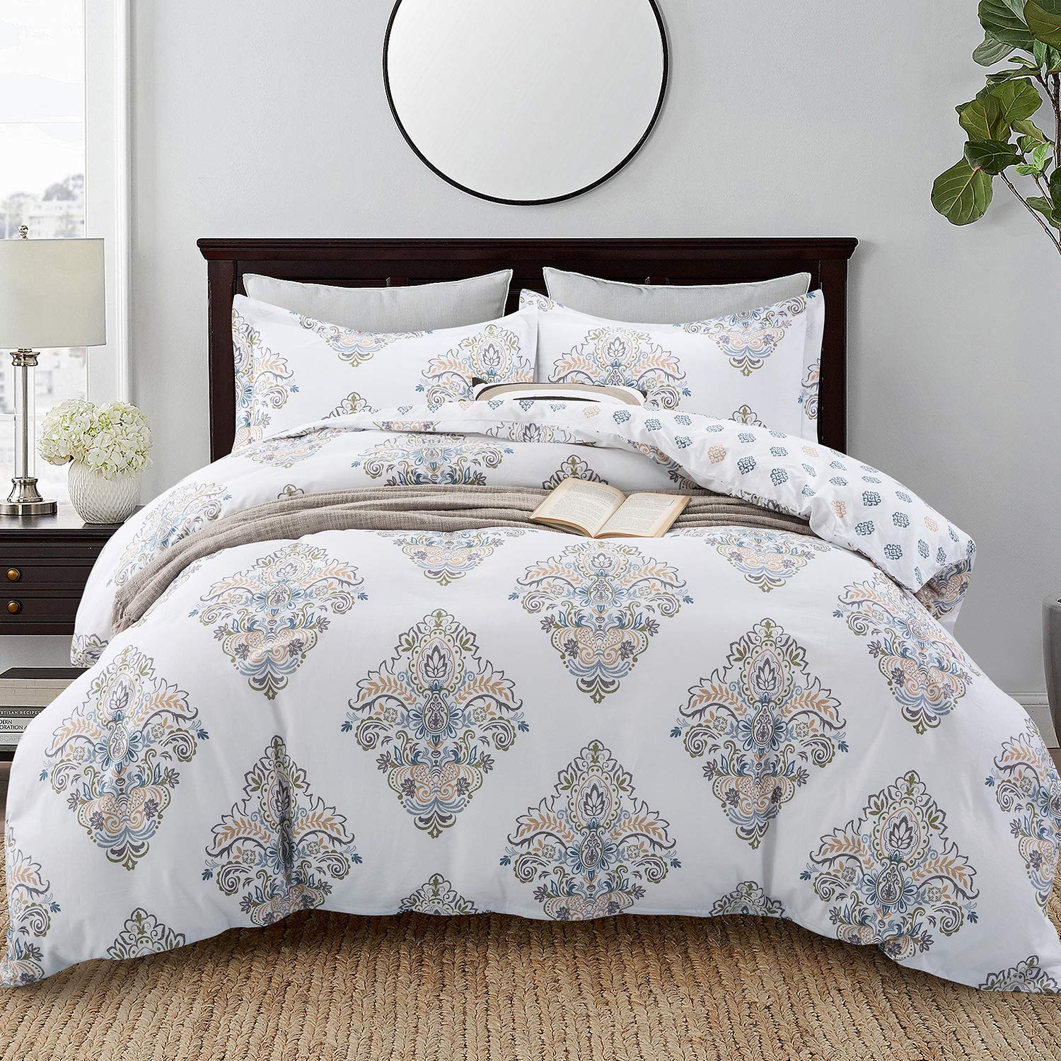 Jucfhy King Size Duvet Cover Set Hotel Collections Super Soft Egyptian Cotton 3 Piece Modern Bedding Medallion Damask -1000-Thre