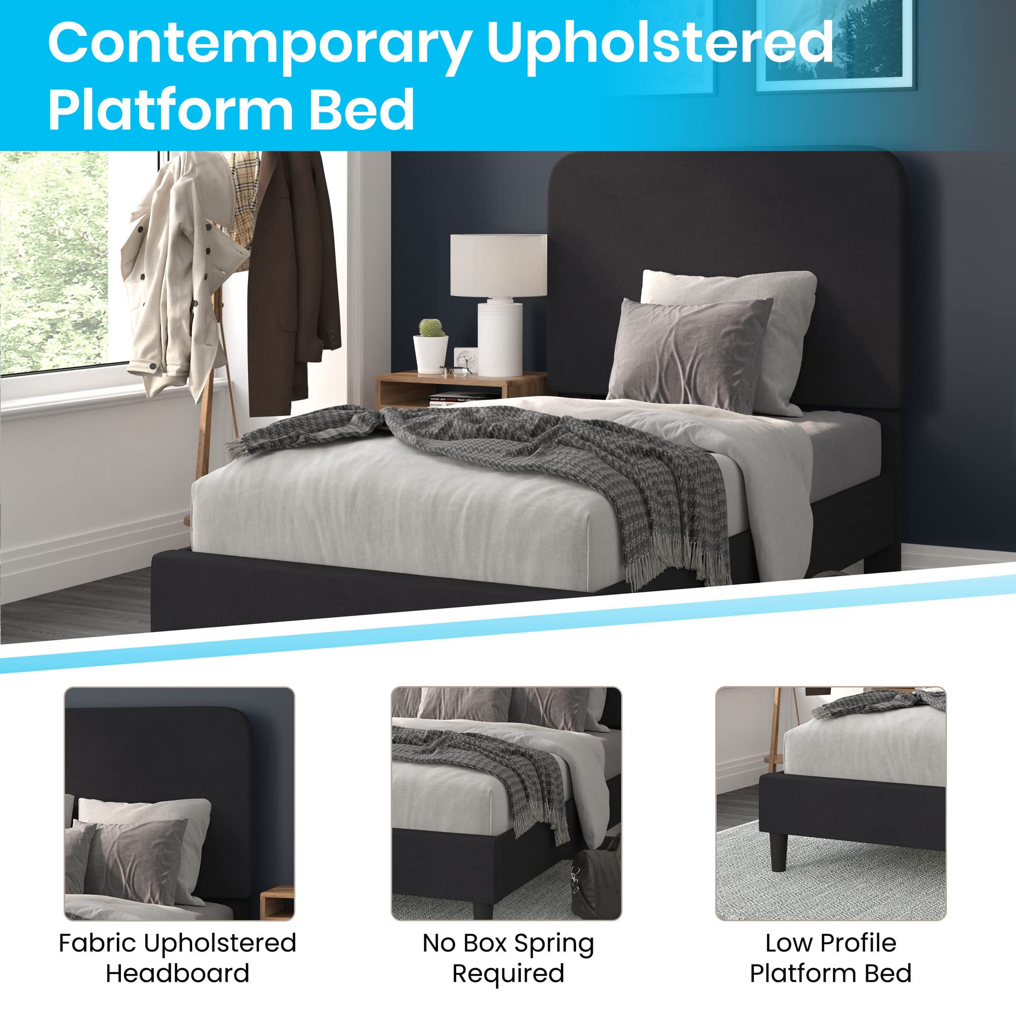 Flash Furniture Addison King Size Platform Bed with Fabric Upholstered Headboard, Timeless Low-Profile King Bed Frame with Headboard, Charcoal