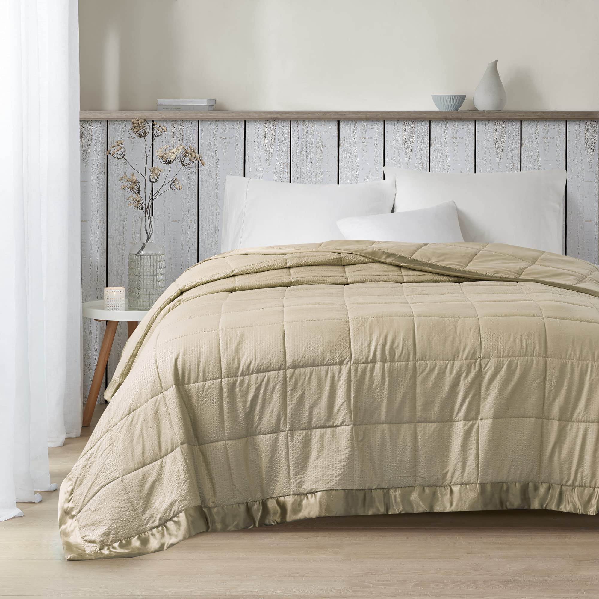 Madison Park Cambria Down Alternative Blanket, Premium 3M Scotchgard Moisture Wicking Treatment, Lightweight And Soft Bed Cover For Summer With Satin Trim, Oversized King Taupe