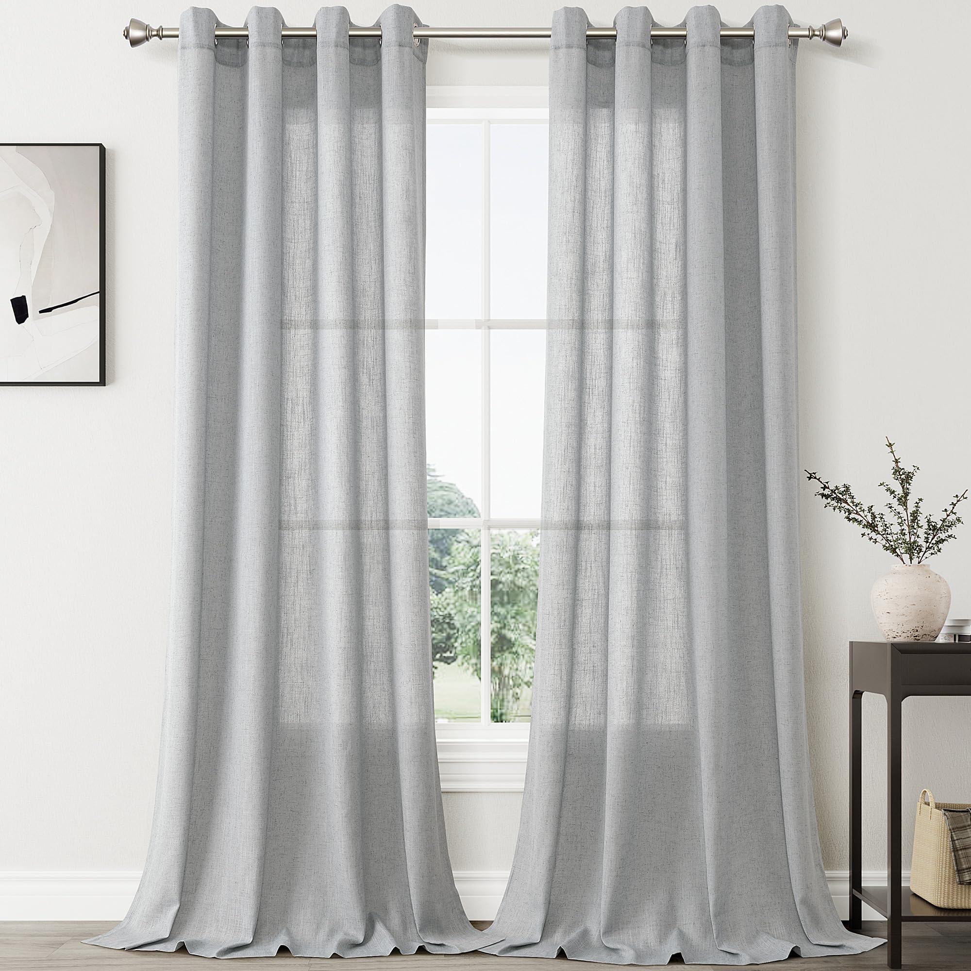 Linen Blend Gray Sheer Curtains 84 Inches Long 2 Panels Sets For Living Room Grommet Semi Sheer Light Filterinig Bedroom Window