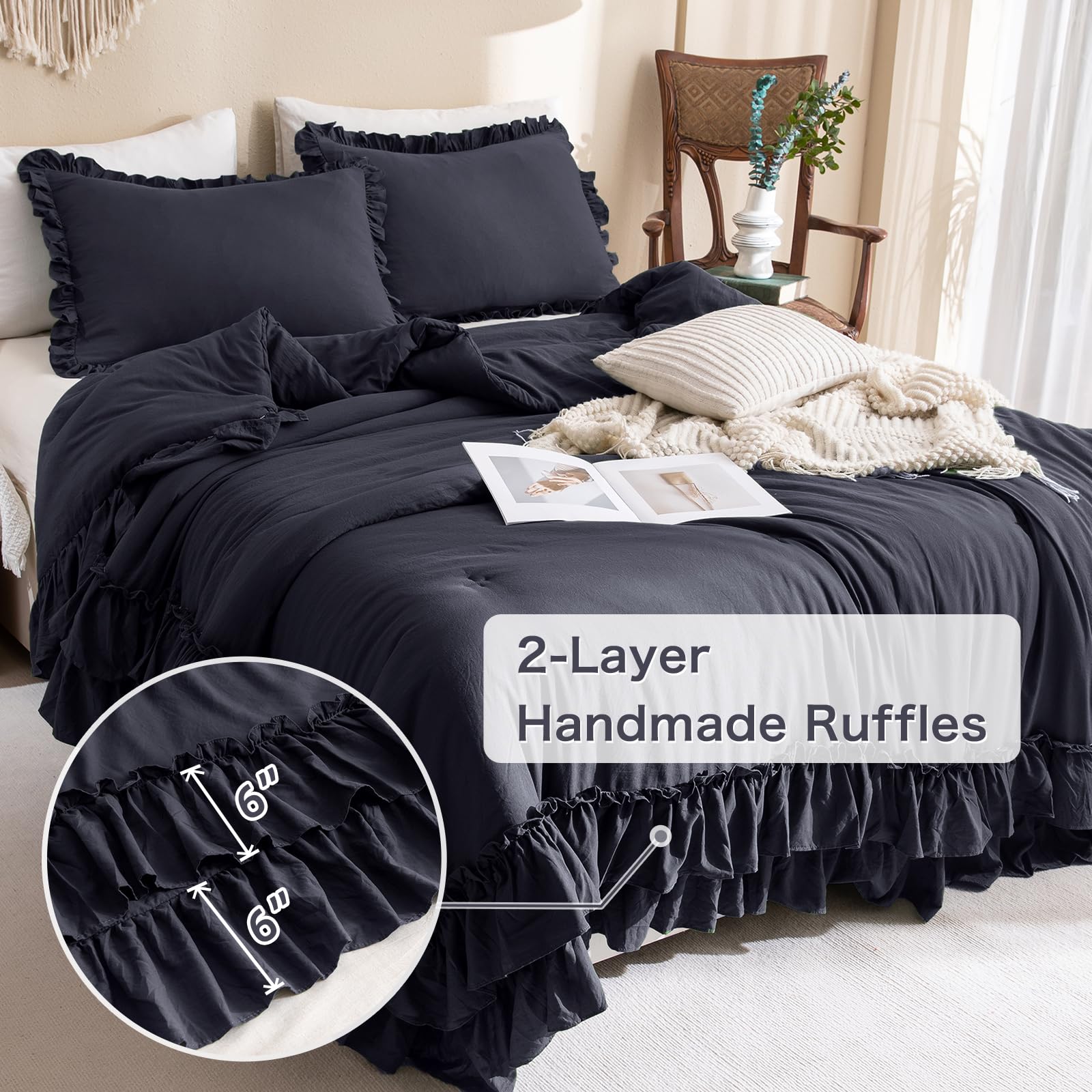 Masaca Shabby Comforter Set Queen,Farmhouse Rustic Microfiber Bedding Ruffled Comforter Set,Vintage Dark Gray Ruffle Comforter F