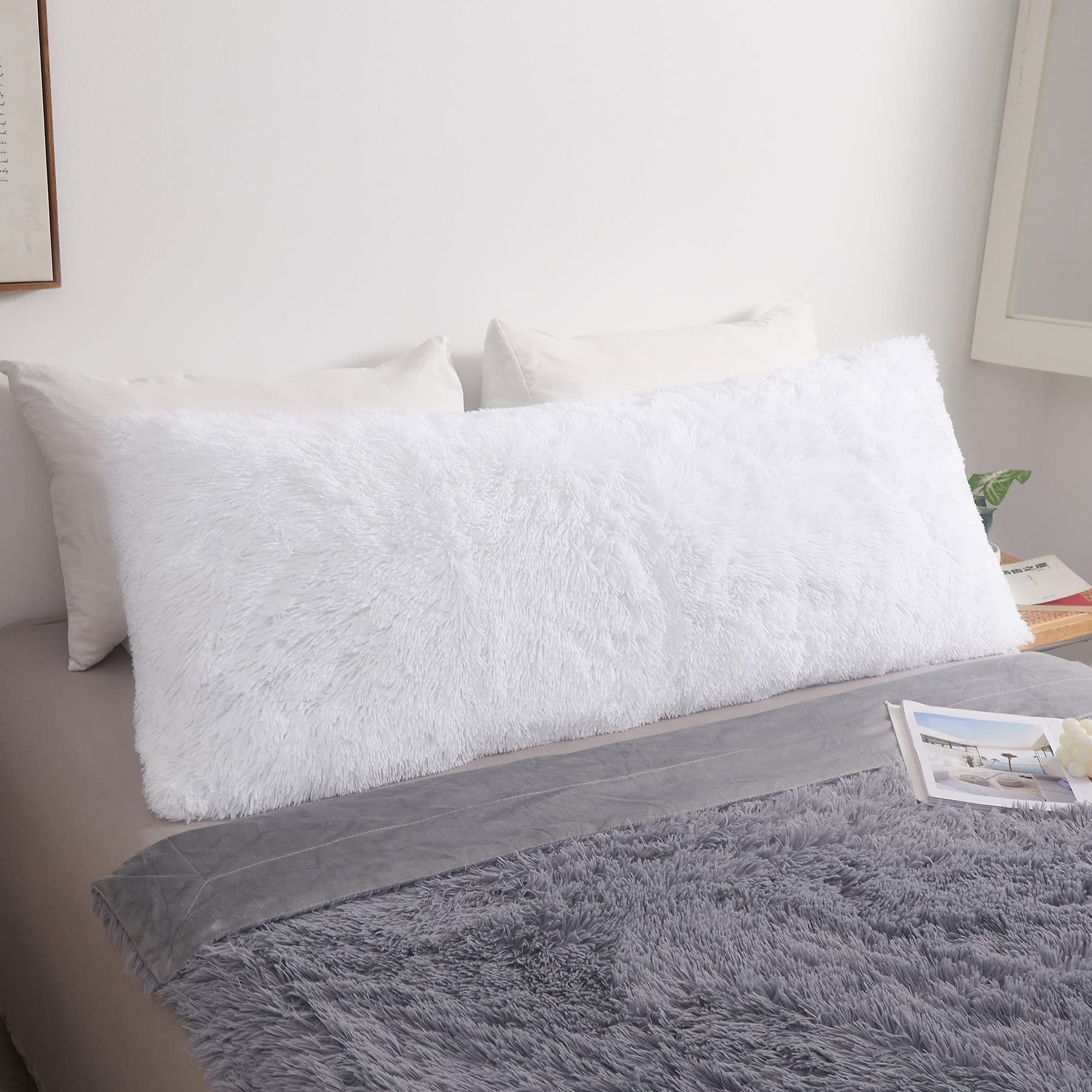 MEGO Luxury Fluffy Body Pillow Cover, 20x54 Shaggy Faux Fur Body Pillow Case, White Soft Plush Fuzzy Body Pillowcase, Decorative