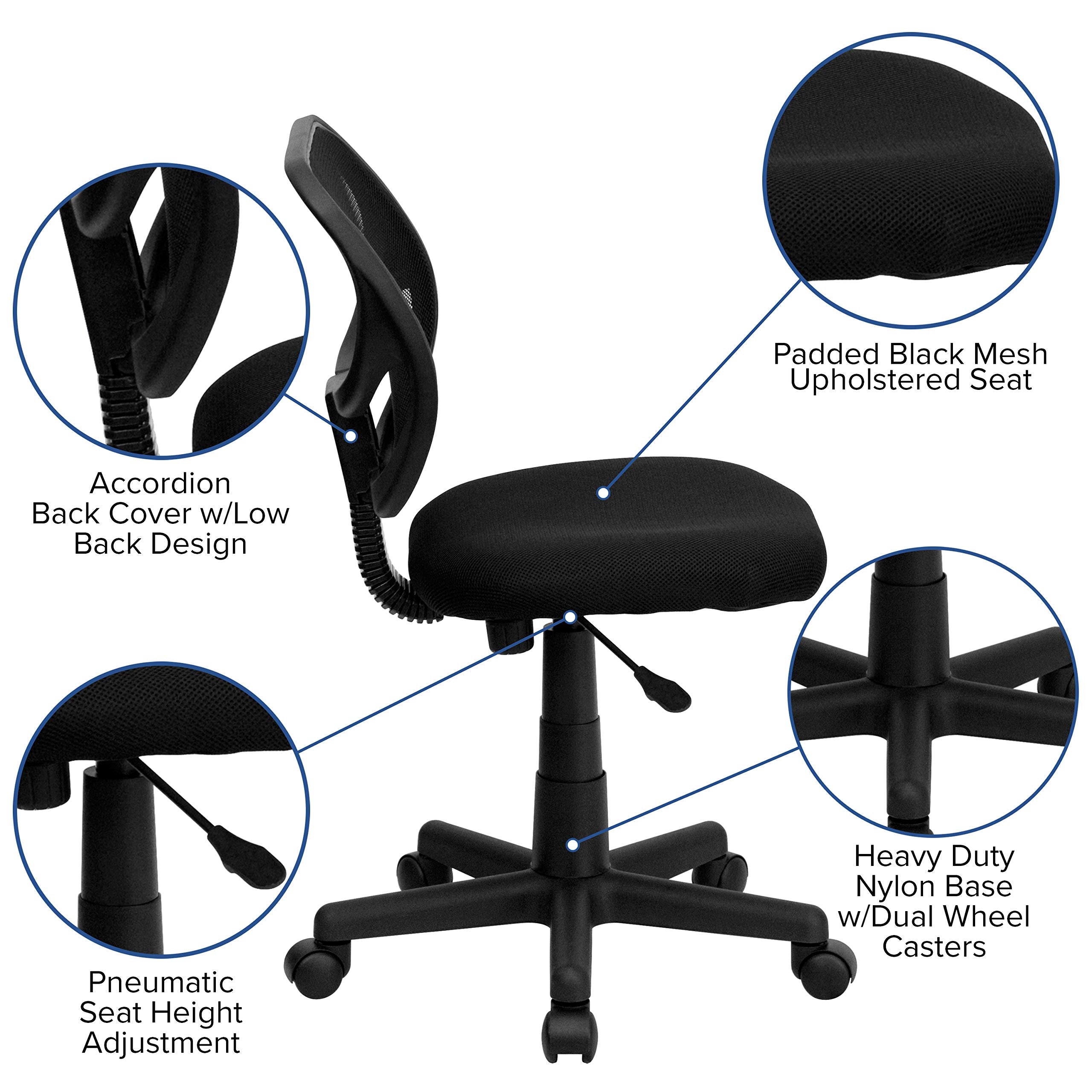 Flash Furniture Neri Low Back Black Mesh Swivel Task Office Chair with Curved Square Back