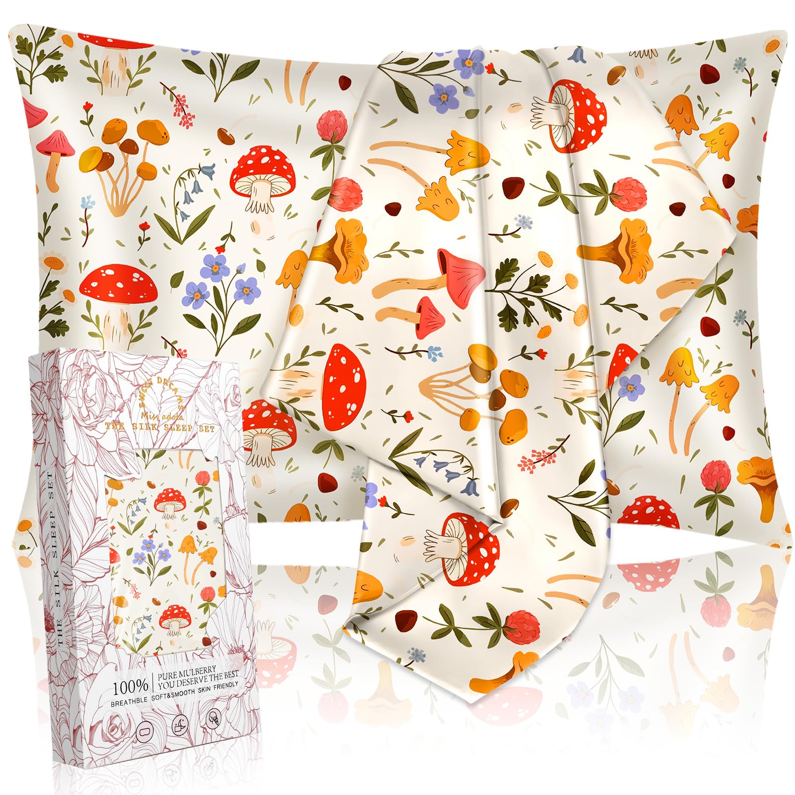 Miss Adola 2 Pack Mulberry Silk Pillowcase for Hair and Skin - Standard Size 26 x 20 Inches with Hidden Zipper Flowering Plants 