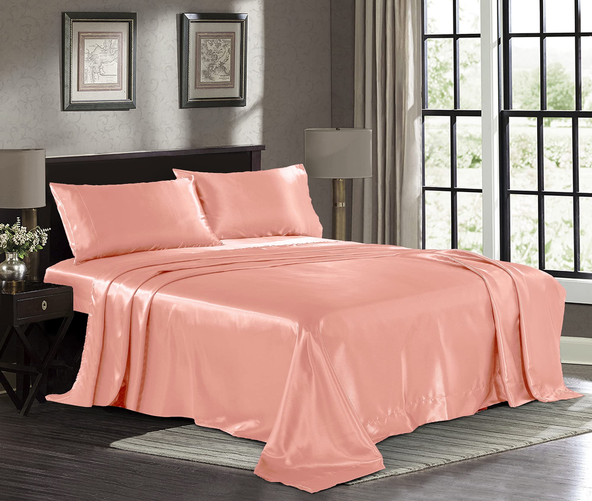 Satin Sheets Full [4-Piece, Blush Pink] Hotel Luxury Silky Bed Sheets - Extra Soft 1800 Microfiber Sheet Set, Wrinkle, Fade, Sta