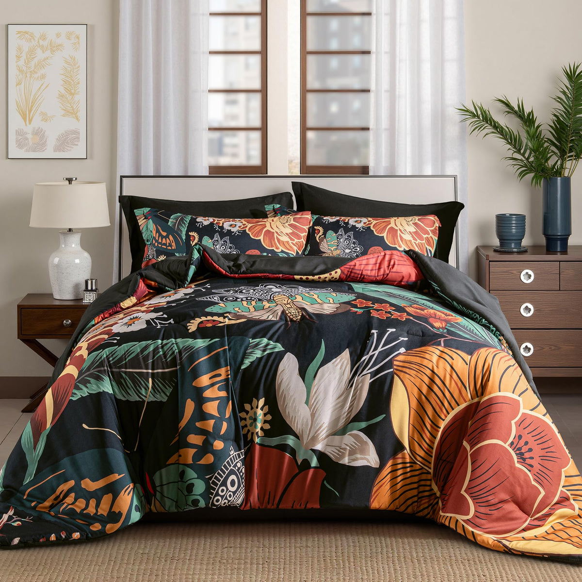 Tyrot Black Boho Floral King Comforter Set  3 Piece Farmhouse Botanical Bedding Comforter Sets for All Season Soft Lightweight