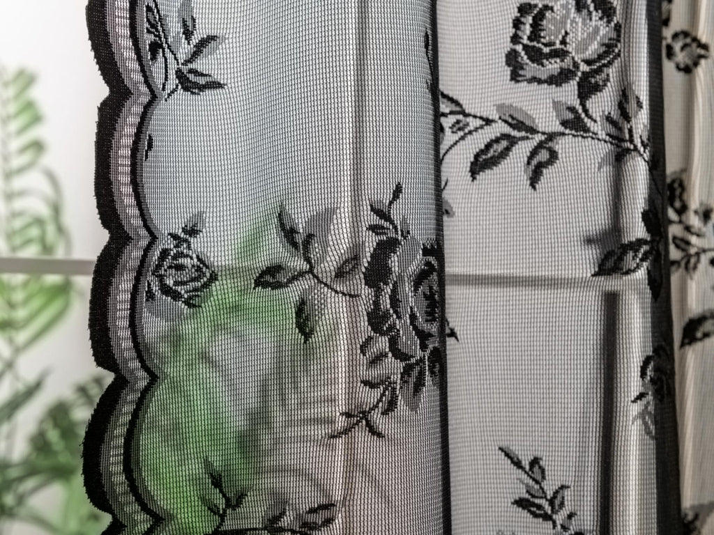 Seekright Black Kitchen Curtains 30 Inch Length Rod Pocket Light Filtering Sheer Lace Cafe Curtains 2 Panels Set Modern Floral L