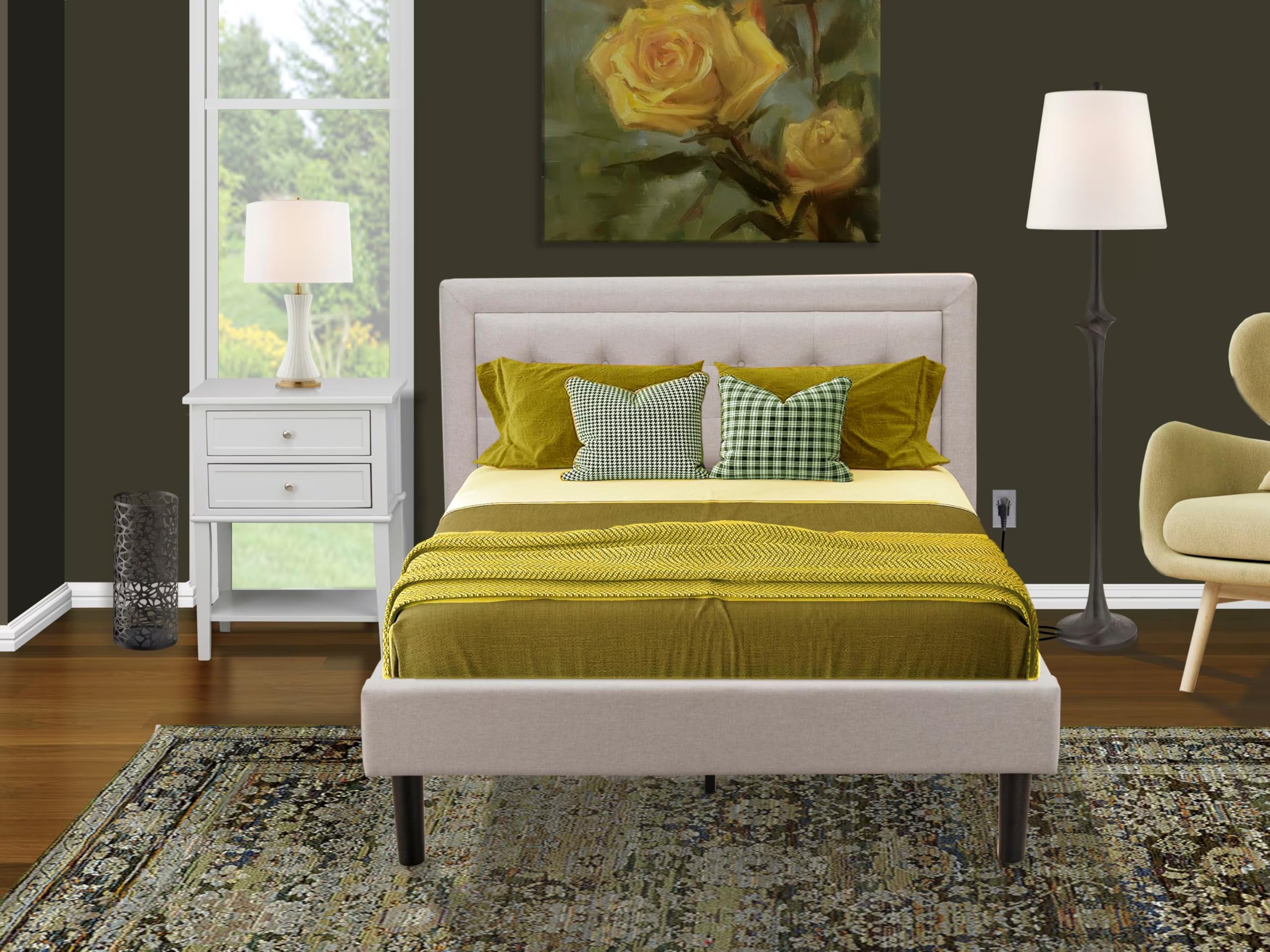 East West Furniture FN08F-1VL14 2-Pc Platform Bedroom Set with 1 Full Size Bed Frame and a Night Stand - Reliable and Durable Manufacturing - Mist Beige Linen Fabric