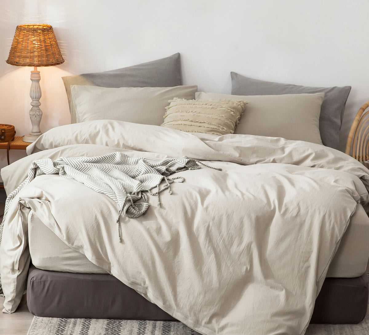 Moomee Bedding Duvet Cover Set 100% Washed Cotton Linen Like Textured Breathable Durable Soft Comfy (Cream Grey, Twin)