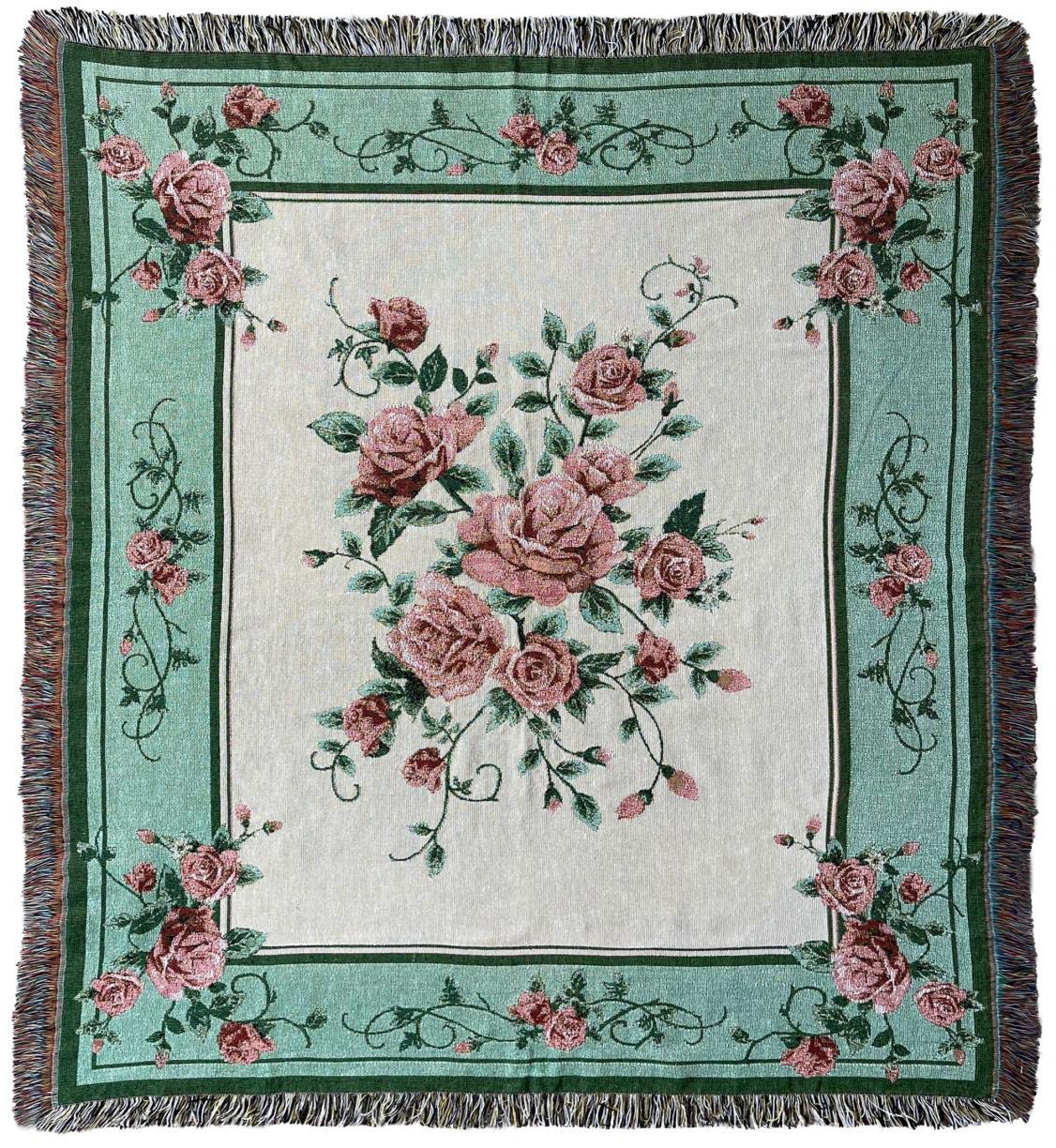 Ez.Enjoy Rose Woven Tapestry Throw Blanket Wall Hanging Art Handicrafts Jacquard Multipurpose Soft Travel Mat Outdoor With Fring