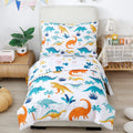 Perfemet 4 Pieces Toddler Bedding Set Cartoon Dinosaur Print Comforter Sheet Set For Boys Microfiber Soft Toddler Comforter Set