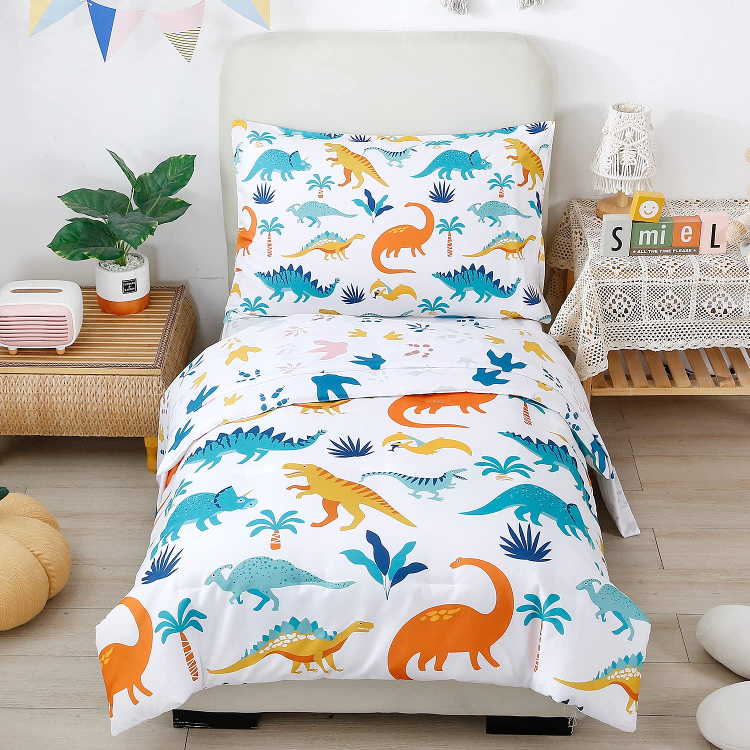 Perfemet 4 Pieces Toddler Bedding Set Cartoon Dinosaur Print Comforter Sheet Set For Boys Microfiber Soft Toddler Comforter Set