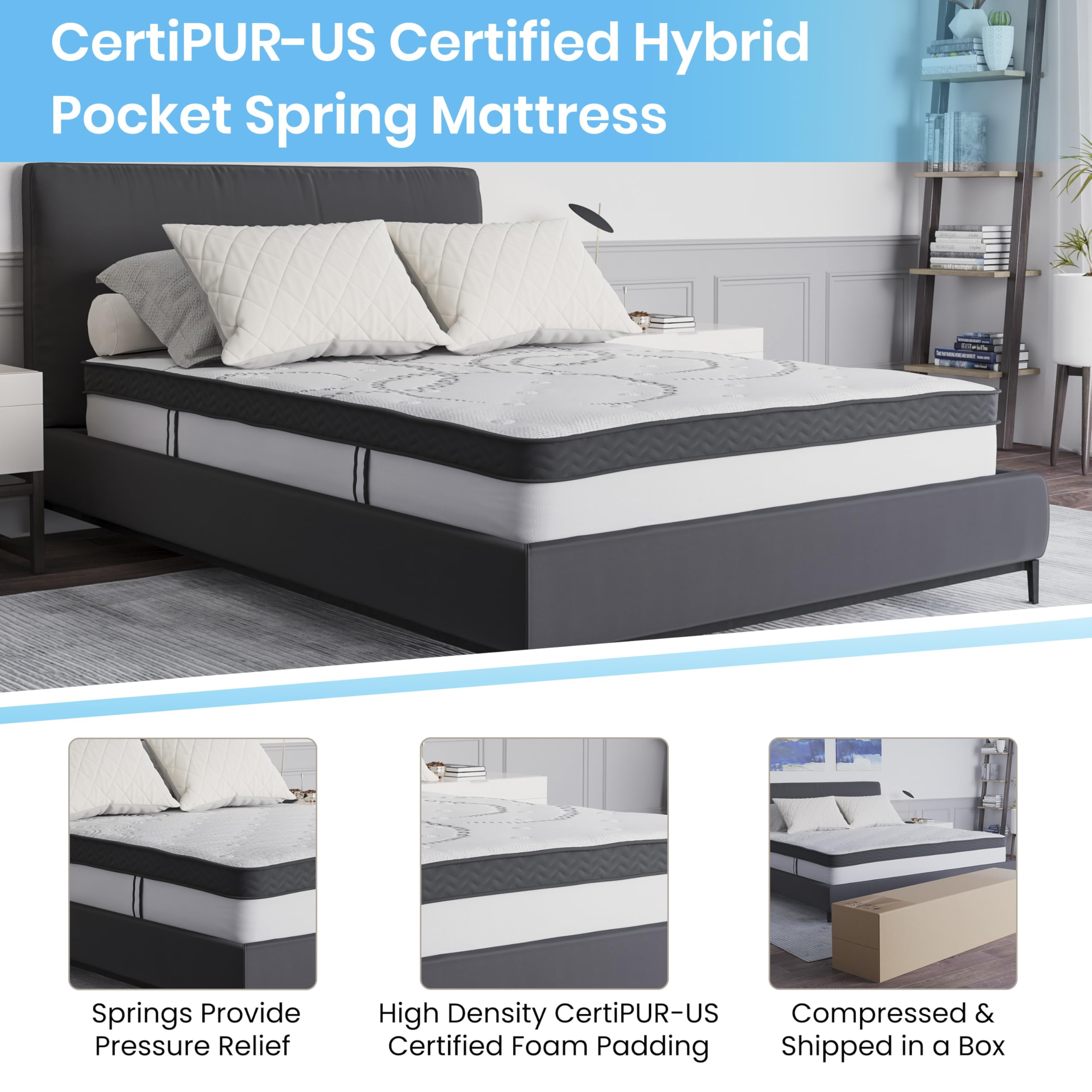 Flash Furniture Roxbury Full Size Tufted Upholstered Platform Bed In Beige Fabric With 10 Inch Certipur-Us Certified Pocket Spring Mattress