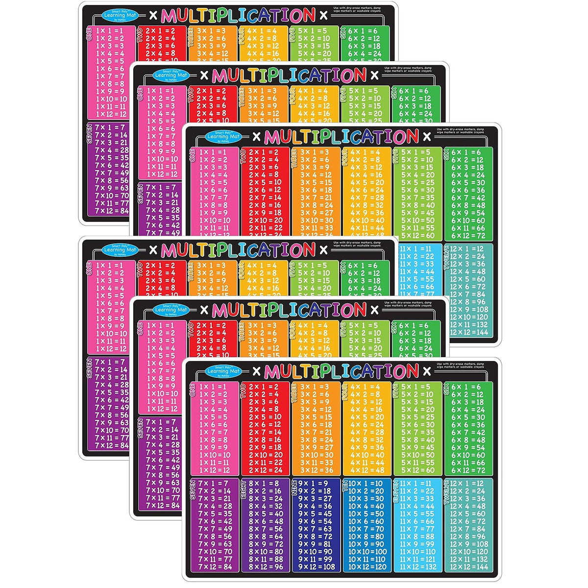 Ashley Productions Smart Poly Learning Mat, 12-Inch X 17-Inch, Double-Sided, Multiplication, Pack Of 6 (Ash95006-6)