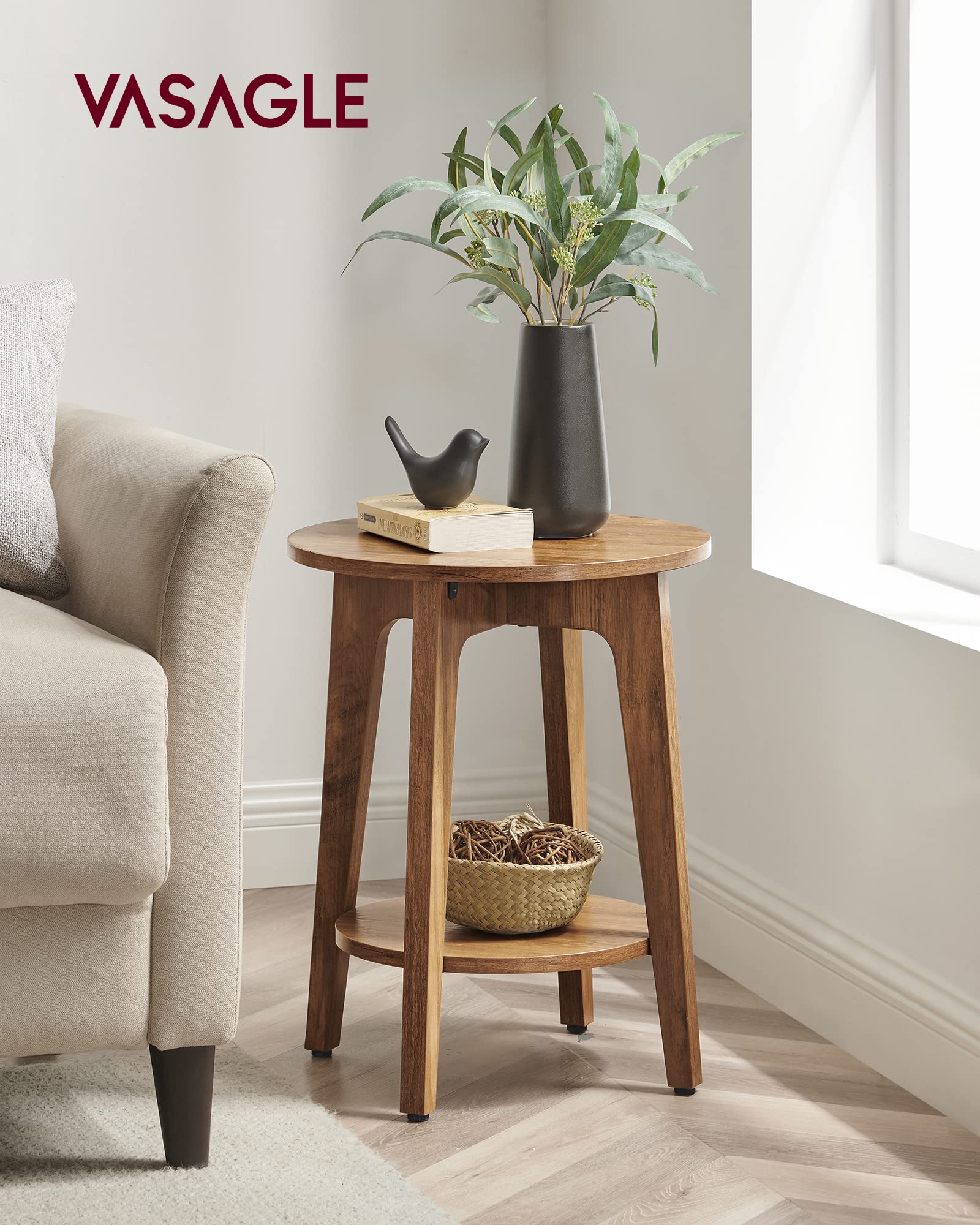 VASAGLE Set of 2 Round Side Tables Rustic Walnut Engineered Wood 15.8"Dia.