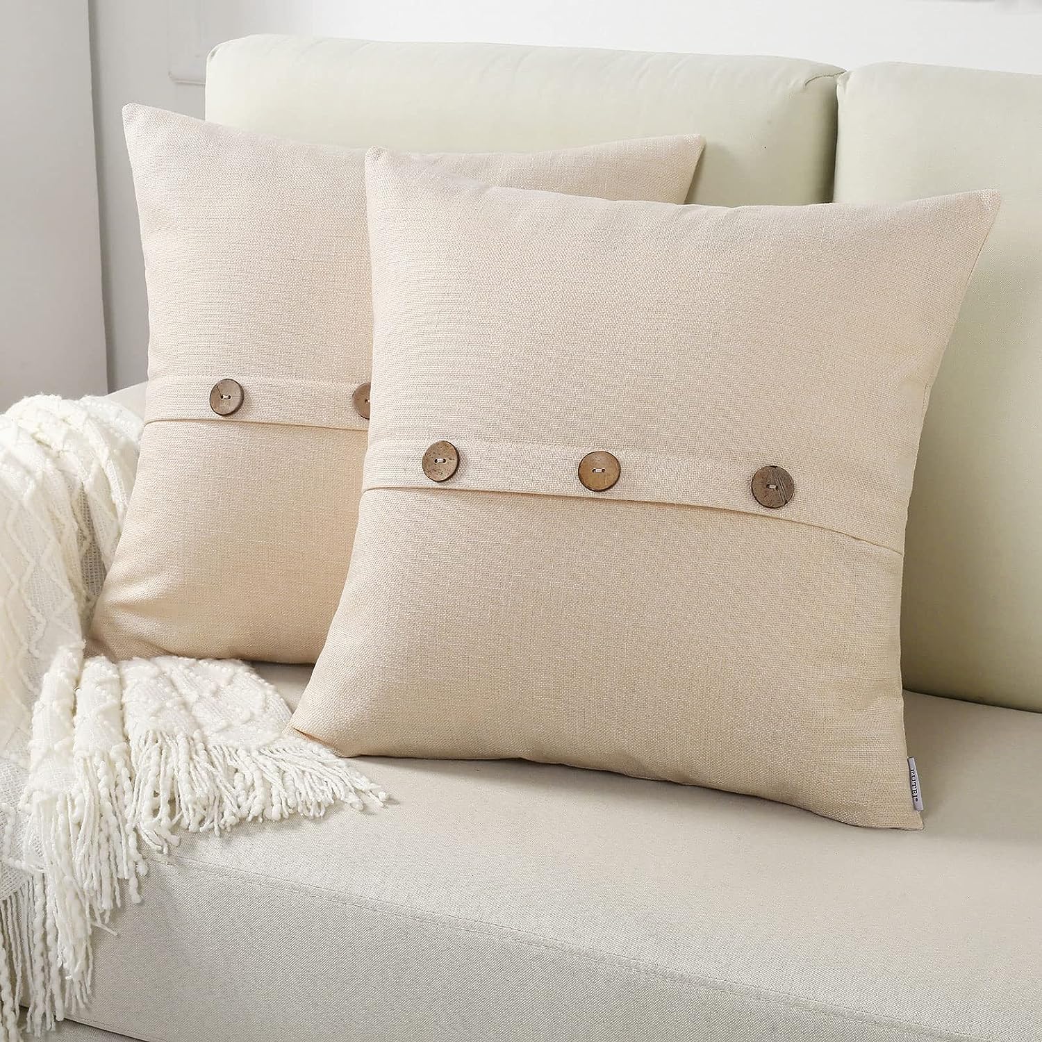 Futei Beige Linen Decorative Throw Pillow Covers 20X20 Inch Set Of 2, Square Cushion Case With Vintage Button/Zipper,Modern Farm