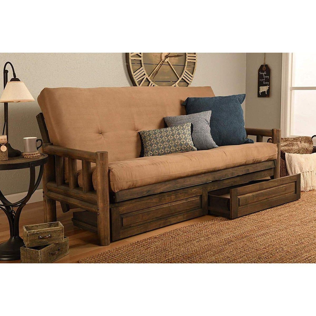 Kodiak Furniture Lodge Futon with Suede Fabric Mattress in Rustic Walnut/Tan