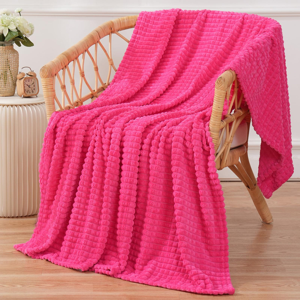 Puncuntex Flannel Fleece Throw Blanket Hot Pink 50''  60'',Super Soft Plush Cozy Blanket With 3D Jacquard Square Grid Design Lux
