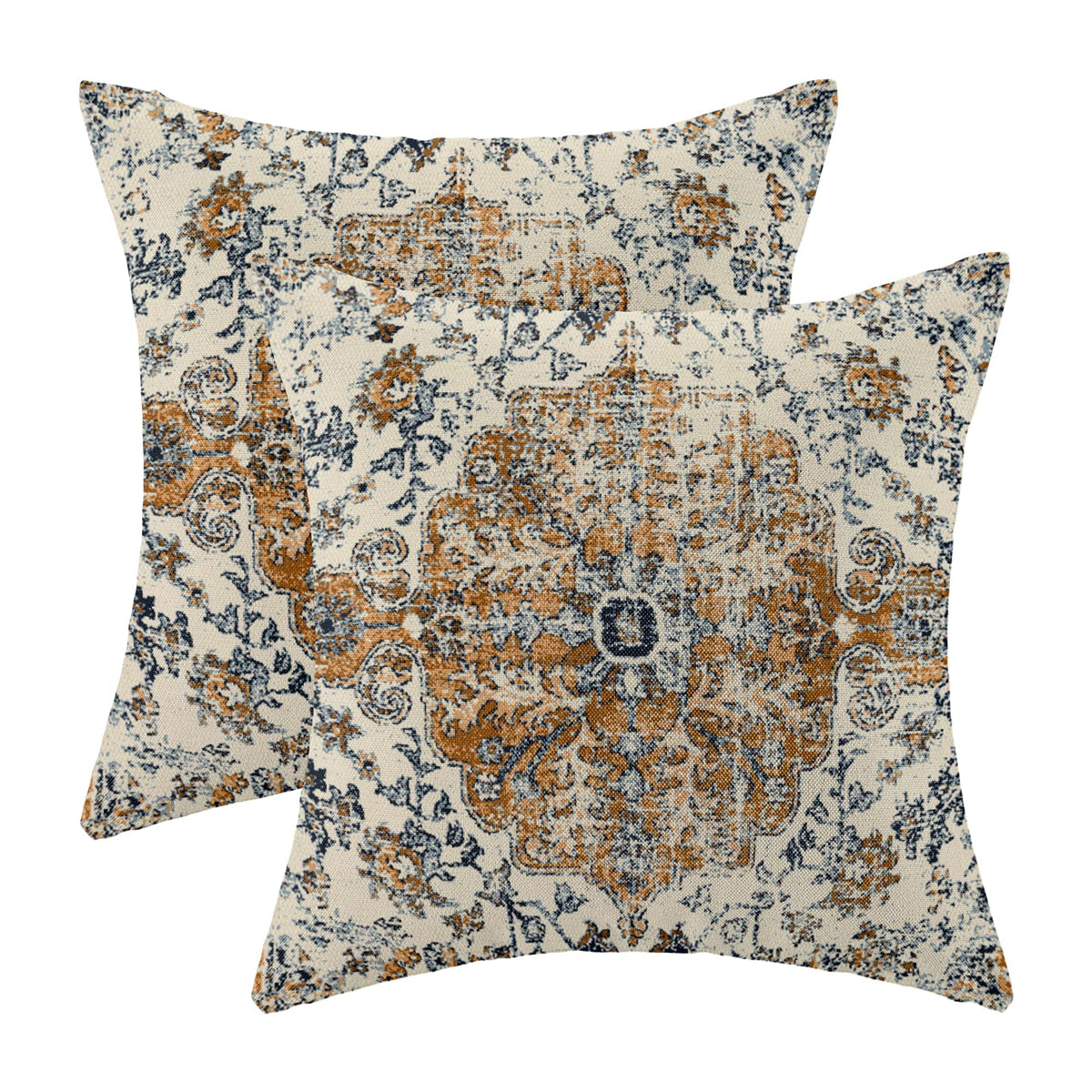 Boho Pillow Covers 18X18 Set Of 2, Blue Gold Carpet Pattern Decorative Throw Pillows Linen Ethnic Design Farmhouse Cushion Pillo