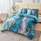 Perfemet 6 Pcs Teal Marble Comforter Set Queen Watercolor Marble Printed Quilt Set Luxury Retro Artwork Style Teal And Gold Bed